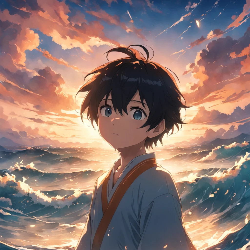 masterpiece、top-quality、Movie stills、1boy、Sea Boy、floating in sky、a closeup、发光、happiness、Warm soft lighting、the setting sun、(Spark:0.7)