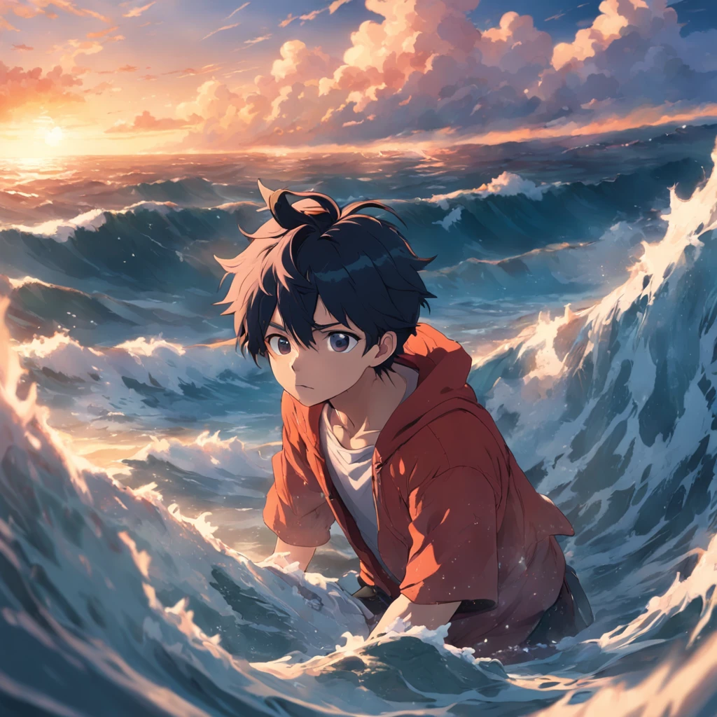 ​masterpiece、top-quality、Movie stills、1boy、Sea Boy、floating in sky、a closeup、发光、happiness、Warm soft lighting、the setting sun、(Spark:0.7)