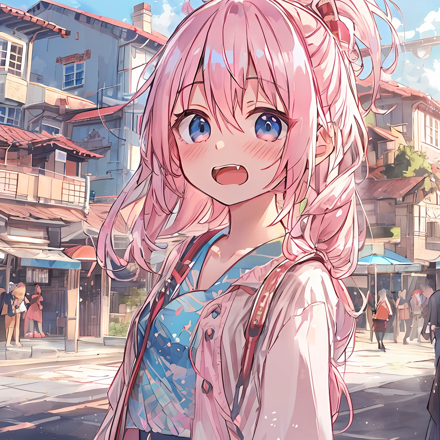 absurderes, hight resolution, (Anime style:1.1), ((masutepiece)), ((Best Quality)), (Ultra-detailed), (Beautiful), 独奏, Beautiful face, (Cowgirl Shot:1.2)、(liftup),Cute girl standing on the street in Mediterranean port city,Wind,Light pink hair, Blue eyes,Very Long Ponytail,student clothes,Blue sky,Laugh,double tooth,Closed eyes,Looking at Viewer,Lens Flare,Dramatic, Coastal、red eyes