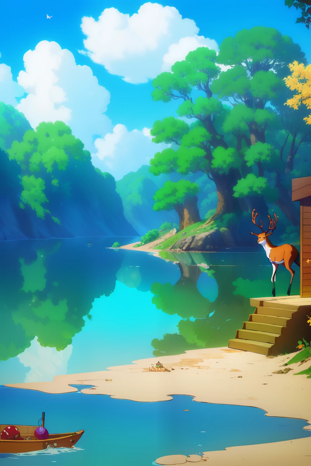 "(((tmasterpiece))), Meho Qualida, illustration, beautiful detailed brightness, The deer stand on the shore，Drink water, tree,lakeside，In the daytime，suns，the Sun Shining，butterflys，blossoms，Squirrel drinking water，Other small animals drink water on the shore, Image size 1546x423"