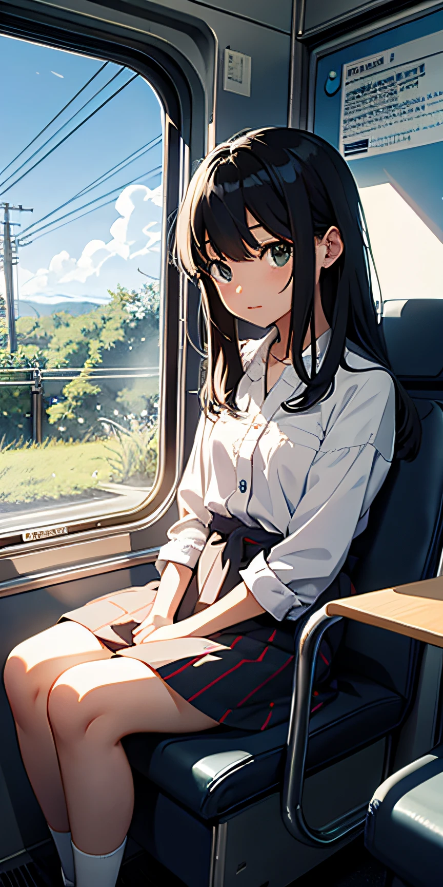 Looking out the window、 girl,Japanese,　Sitting on the train、Ghibli style, ,- - AR16:9- ,Outrageous resolution、hight resolution、(​masterpiece:1.4)、ultra-detailliert --v 6