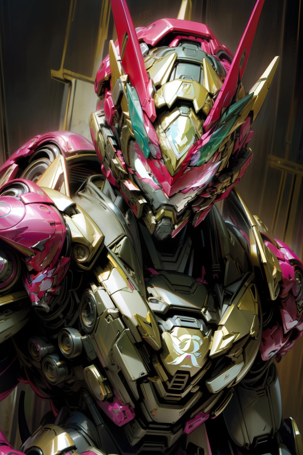 Outrageous resolution、hight resolution、(​masterpiece:1.4)、ultra-detailliert、Crisp details、Dramatic and photorealistic pictorial art、Super Sentai Series、Megaranger、Hero Mask、（reddish、verdant、A black、amarelo、pink there、Fivesome）Righteous heroes、Decide on a transformation pose、