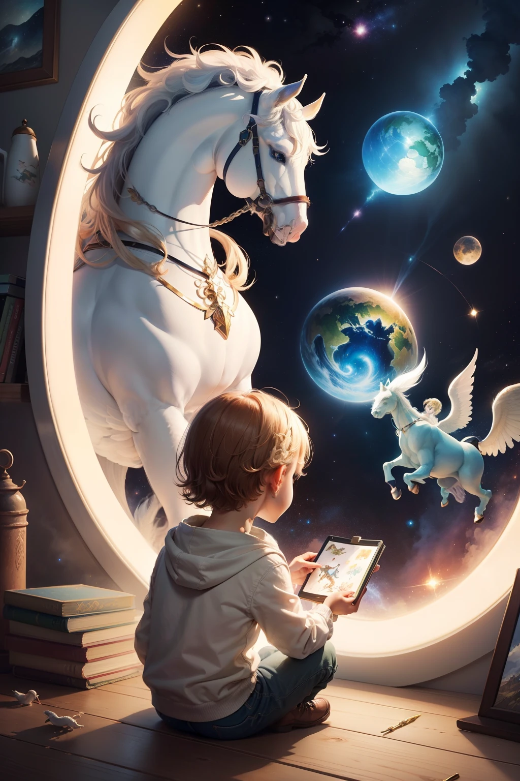 watercolor paiting、Space Zoo、pegasus、Fairy tale style、For children、picture book、The Little Prince Wind、