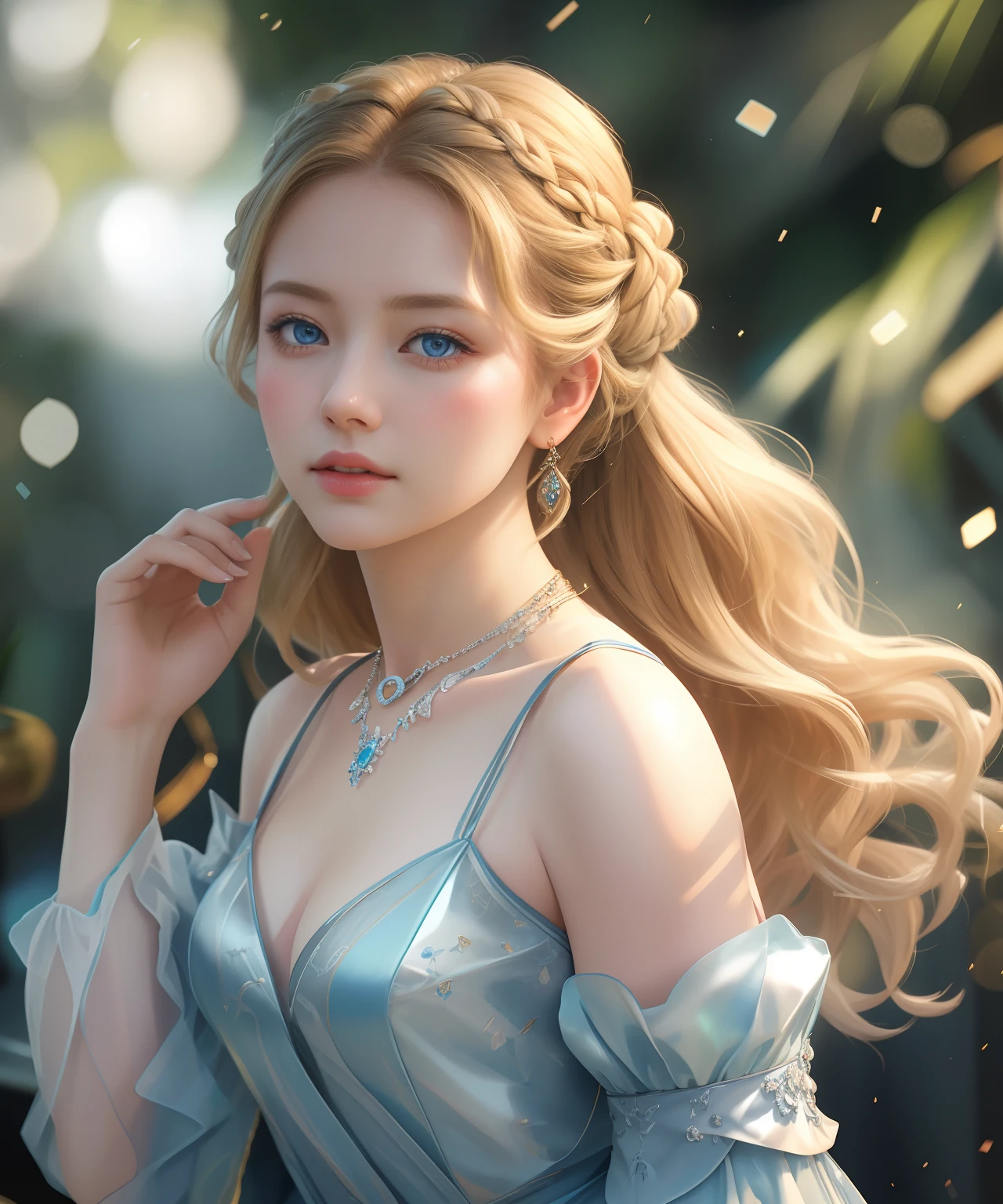 Best quality、tmasterpiece、A high resolution、1 Lady、blonde with blue eyes，Porcelain dress、Delicate braided hair，Delicate hair accessories、Fine Necklace、detailed jewellery、pretty  face、Physically、Tyndall effect、realisticlying、Shadow Studio、edge lit、bicolor lighting、（highdetailskin：1.2）、8K, Ultra HD、Digital SLR、softlighting、high high quality、volumettic light、sneak shot、photore、A high resolution、4K、8K、The background is blurred out，