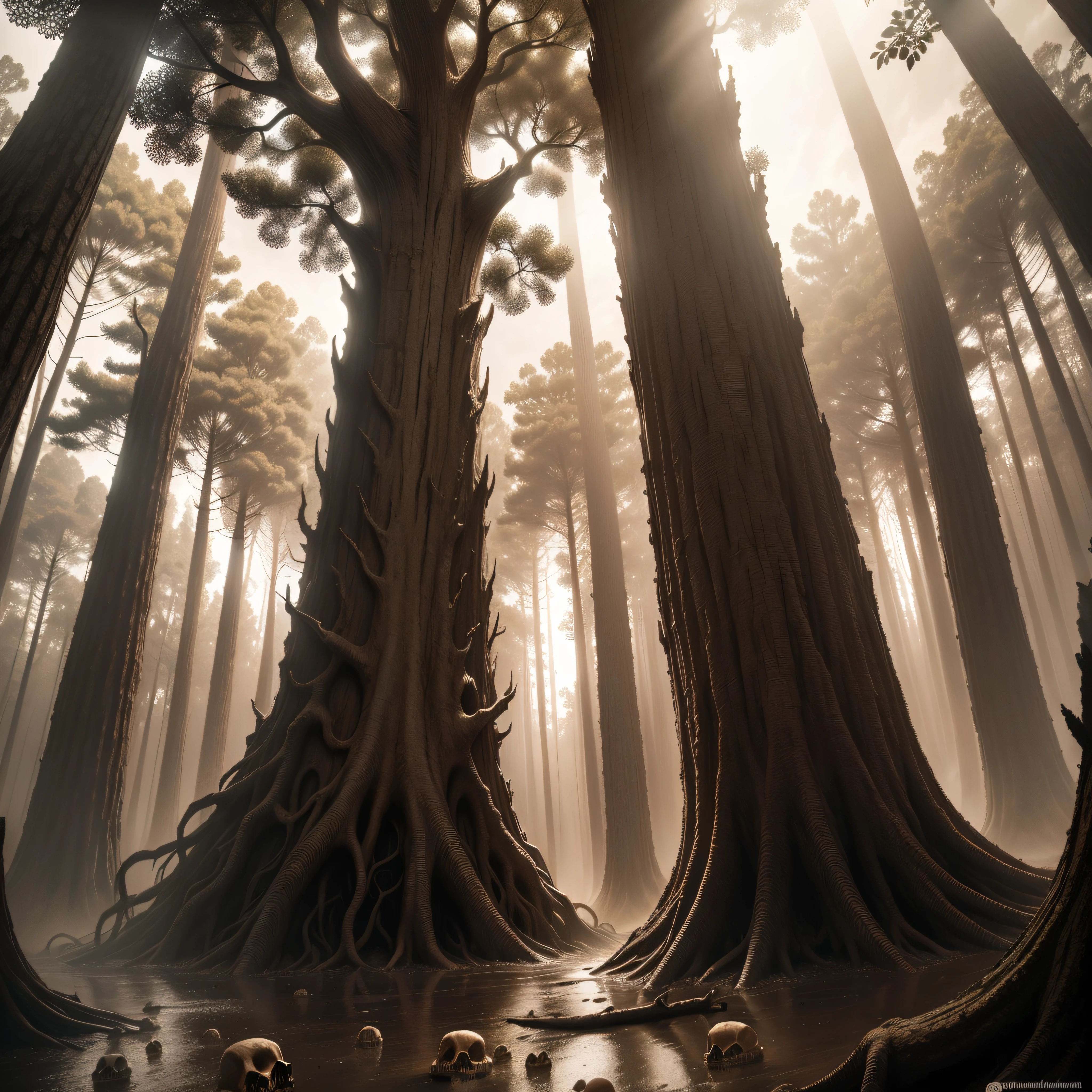 (extremadamente detallado, obra maestra, La mejor calidad, Tono sepia) bosque enorme, Skulls come out of tree trunks, Flooding, ruinas. Daytime Lighting.