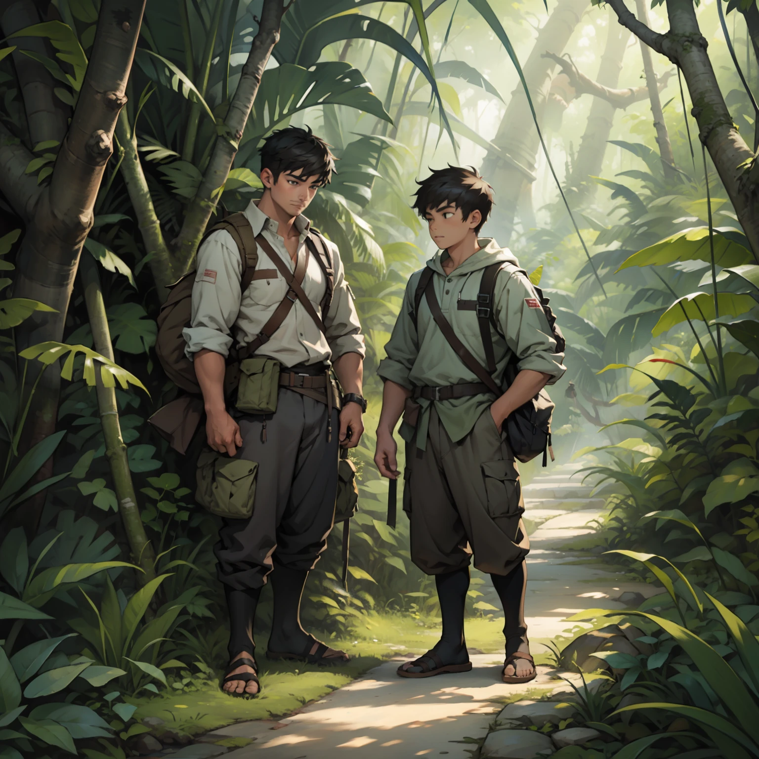 Draw Mowgli, Young man, long hair lively eyes, a muscular man has a knife in a sheath hanging from his neck and a black panther stands next to him, they are both standing in the jungle between the plants