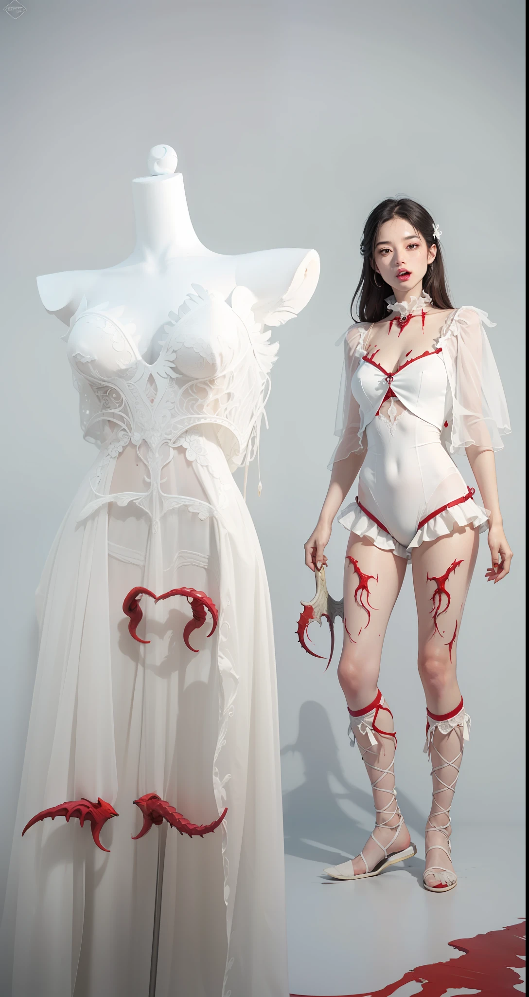Fine matte paint，Skeleton Dark Angel, Haunted castle with large wings, Fill the drawing table with a knife，terroral，uncanny，horrid，secret terror，tentaculata，grape trees，The eye，uncanny valley effect teeth，all  fours，Critters，Blood Moon，Sharp fangs，vampire tooth，Blood