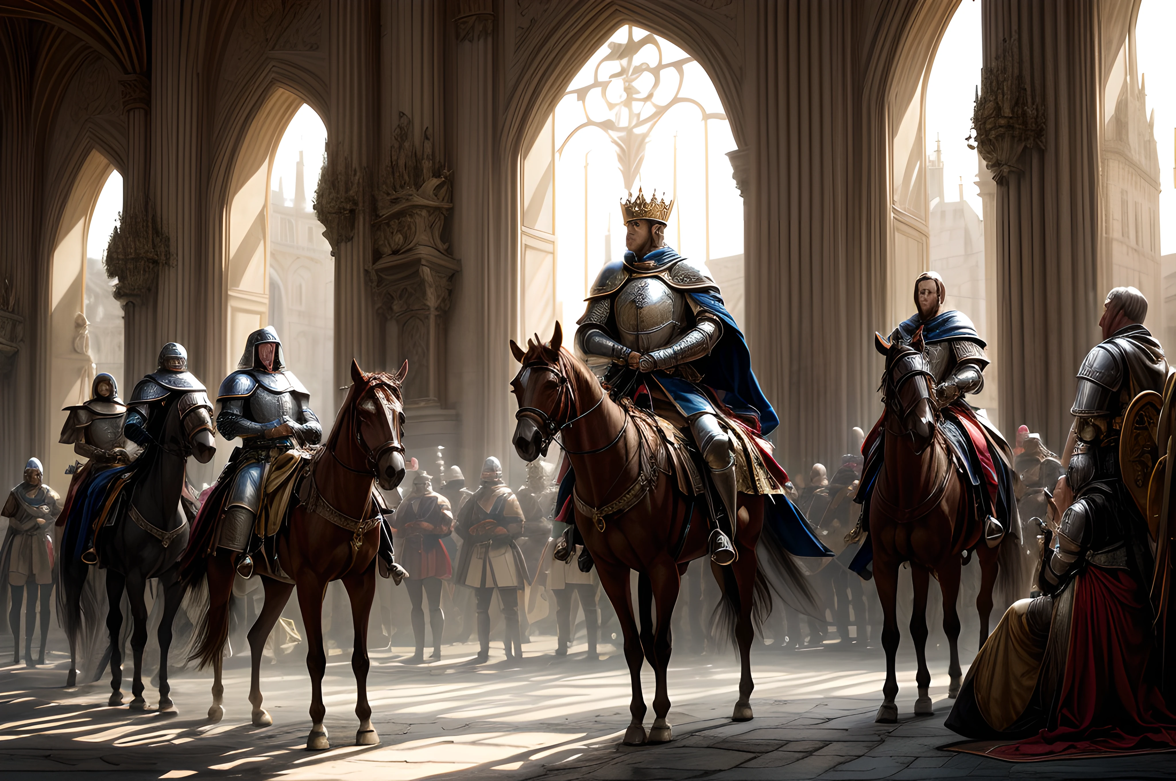 In the grand spectacle, Royal Knights (weight: 0.25) of the Round Table (weight: 0.25) converge at the majestic Camelot (weight: 0.25) in the presence of their noble King (weight: 0.25).The atmosphere is one of grandeur and honor (weight: 0.2), with the sprawling Camelot castle bathed in the soft golden light of dawn, casting long, regal shadows (weight: 0.2).The knights, bedecked in shining armor adorned with intricate engravings (weight: 0.2), bear the insignias of their individual prowess and loyalty (weight: 0.2). The armor gleams with a metallic sheen, reflecting the morning sun's rays (weight: 0.2).Their noble steeds, equally resplendent in richly adorned bridles and caparisons (weight: 0.2), stand at attention (weight: 0.2).King Arthur, seated at the head of the round table (weight: 0.2), is depicted with an air of wisdom and authority (weight: 0.2). His crown, adorned with precious jewels (weight: 0.2), symbolizes his sovereignty, while his kingly robe flows regally around him (weight: 0.2).The knights gather around him in a circular formation (weight: 0.2), their expressions a mix of reverence and camaraderie (weight: 0.2).The Camelot castle itself is a masterpiece of medieval architecture (weight: 0.2), with towering turrets, sturdy stone walls, and banners bearing the crest of the round table billowing in the breeze (weight: 0.2).The lush countryside surrounding the castle adds to the scene's beauty (weight: 0.2), with rolling green hills and a tranquil moat reflecting the castle's majesty (weight: 0.2).The atmosphere is charged with a sense of unity and purpose (weight: 0.2) as the knights prepare to embark on a noble quest or engage in discussions of great import (weight: 0.2). The air carries the scent of freshly bloomed flowers (weight: 0.2), enhancing the idyllic setting (weight: 0.2).Style-wise, this artwork blends historical accuracy with a touch of fantasy (weight: 0.2), capturing both the grandeur of Arthurian legend (weight: 0.2) and enchantment