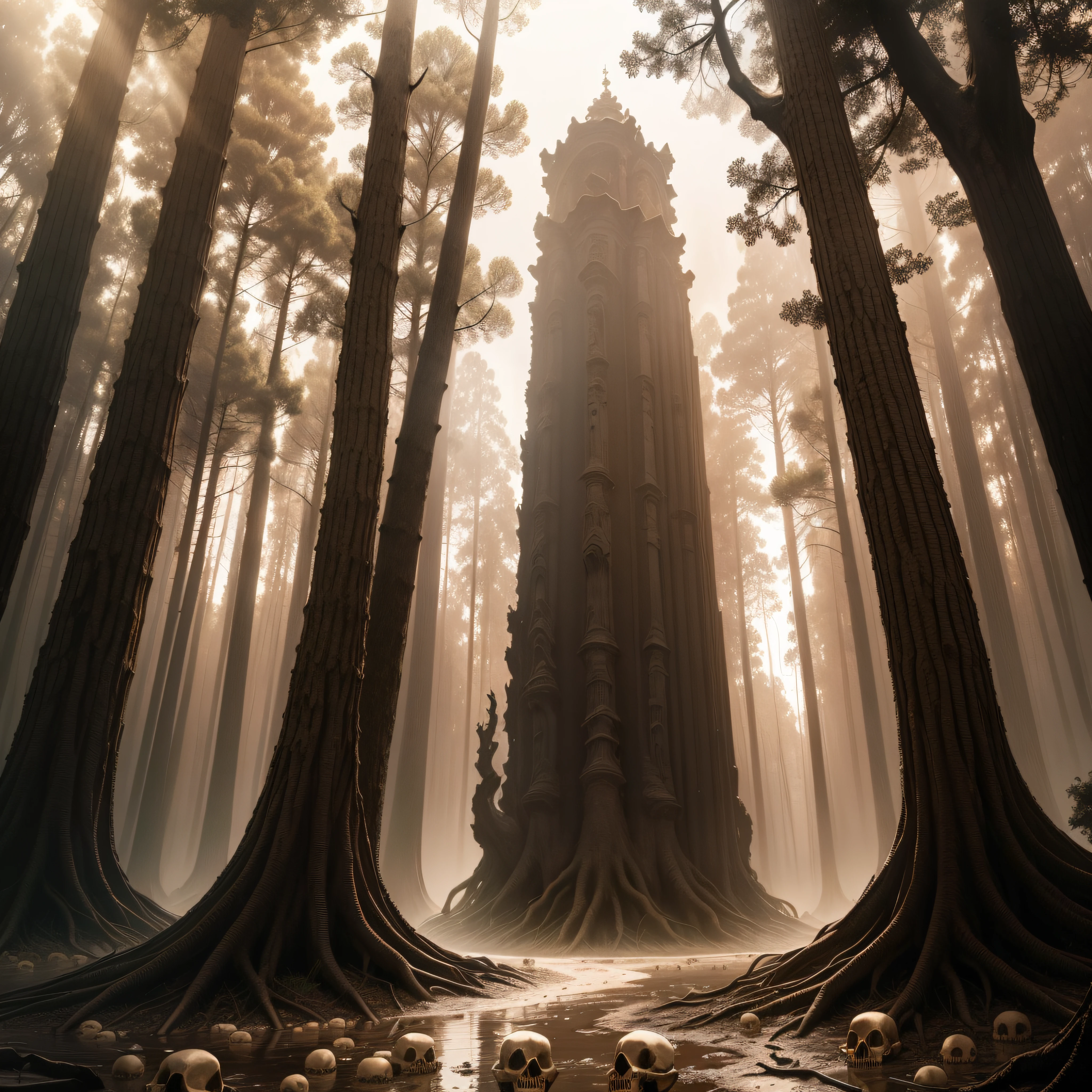 (extremadamente detallado, obra maestra, La mejor calidad, Tono sepia) bosque enorme, Skulls come out of tree trunks, Flooding, ruinas. Daytime Lighting.