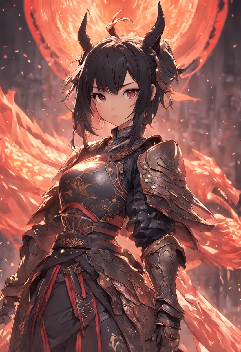 (Photorealistic, Realistic: 1.1), scaled armor, Wh Chi armor, (Masterpiece:1.1025), (Best quality:1.05), (An extremely delicate and beautiful:1.05), (Extremely detailed Cg Unity 8K wallpaper:1.05), (absurderes:1.05), (Ultra-detailed:1.05), (1girll:1.1), Cowboy shot, (holdingsword:1.3), (sword:1.3), (Fighting stance:1.3), Armor, Hanfu, view the viewer, Serious, detailed black hair, pony tails, bangs, Detailed black eyes, Armoured headband, Armored dress, armored gloves, flame of war, Detailed background, Depth of field, Outdoors, Golden decoration, Red trim, (Oriental dragon pattern:1.1), Shiny skin, Delicate pattern, intricately details,A wolf