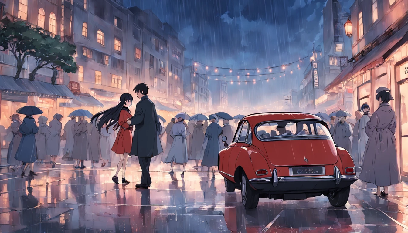 The Citroen DS is parked on the rainy seaside、Men and women are dancing violently in front of them