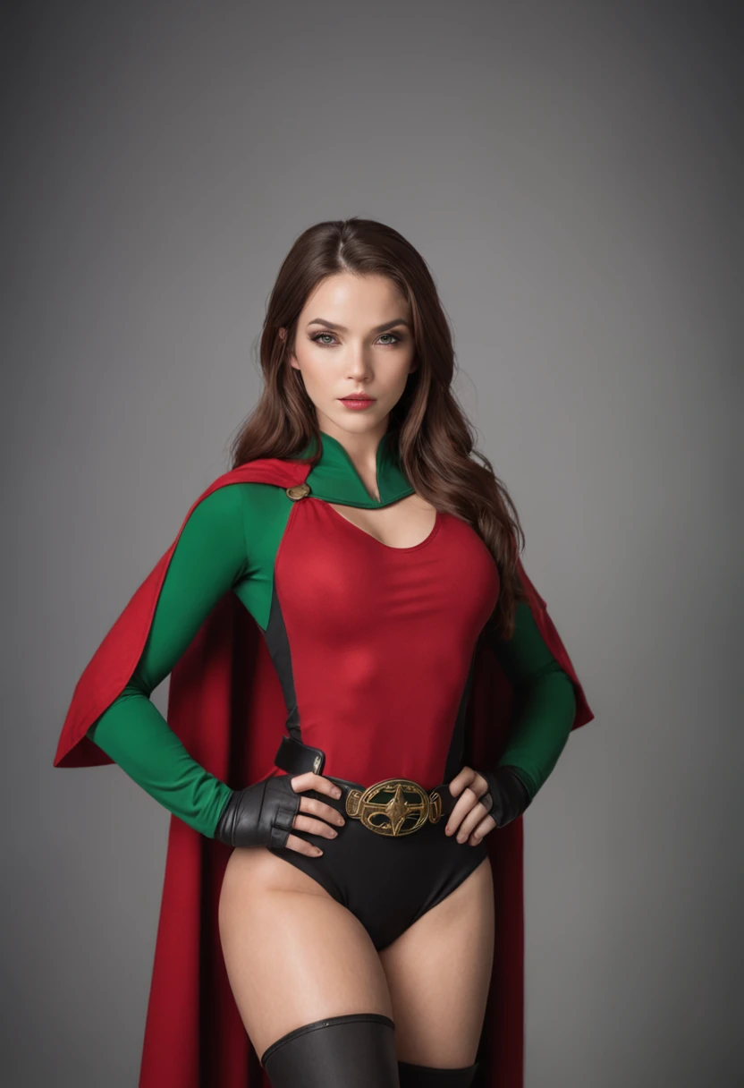 a sexy beautiful superheroine, has brown hair, green eyes, green leotard with a black outer rim, the leotard has an opening on the chest area,. Red cape, red belt with a golden medal in the center, wears high knee boots that are black on the top and green on the bottom portrait photography by artgerm, in the style of realism, glistening skin, natural lighting, Defined full lips. Muscular fitness feminine body