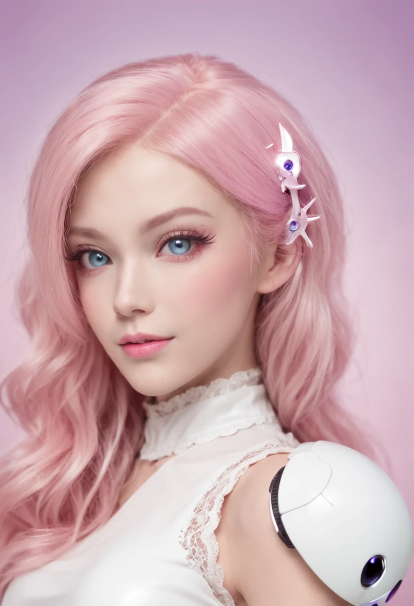 a robotic fantasy girl with robotic face, pink hair style, wearing a white t shirt, happy face and little smile with shining blue color lips, big green eyes, simple purple background, make it for NFT market