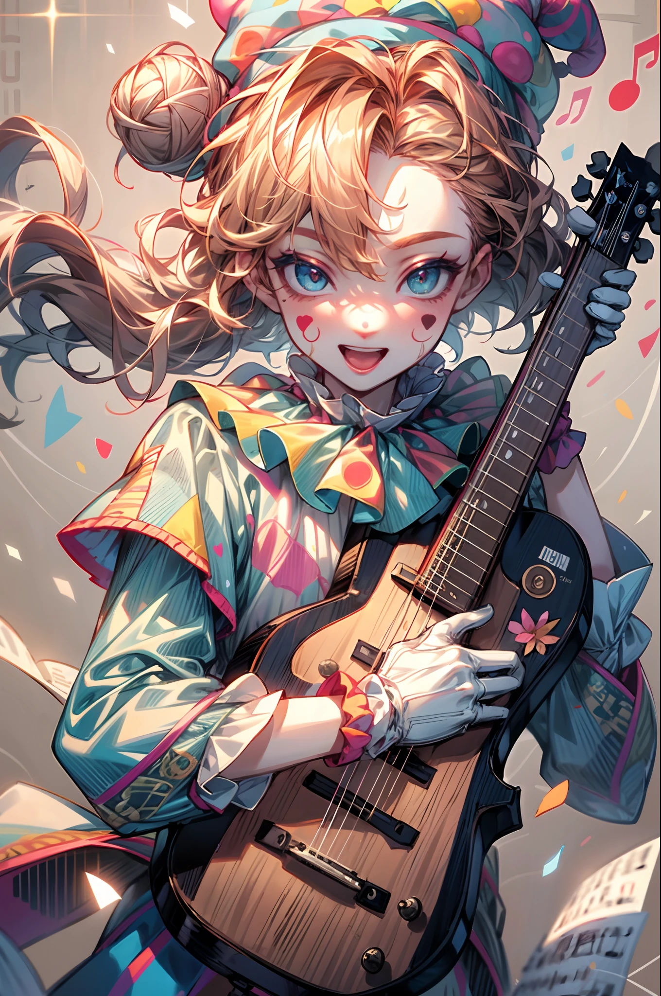 HDR,UHD,8K, best quality, masterpiece, Highly detailed, golden hour lighting, physically-based rendering, 1boy, solo,
a ((clown))). colorful, ((clown hat and flowers)), clown costume, gloves, heart drawing on face, dark blonde hair,(happy), smile,cute,music, guitar 🎸,((musical notes floating around her🎶:1.2)) singing,white face, wavy hair, hair bun, 
(upper body) full body,