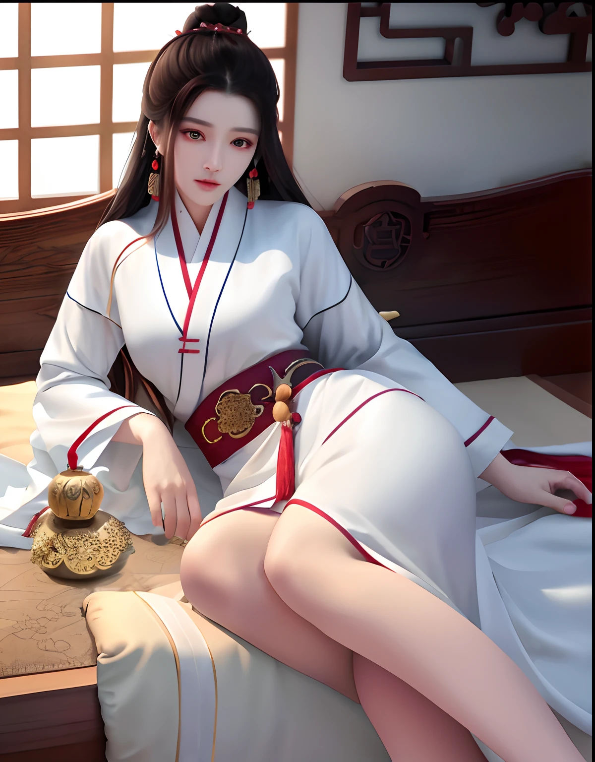 araffe woman in a white dress sitting on a bed, Palace ， A girl in Hanfu, White Hanfu, full-body xianxia, Hanfu, with acient chinese clothes, Wearing ancient Chinese clothes, heise jinyao, flowing hair and long robes, trending on cgstation, flowing magical robe, inspired by Gu An, flowing white robe