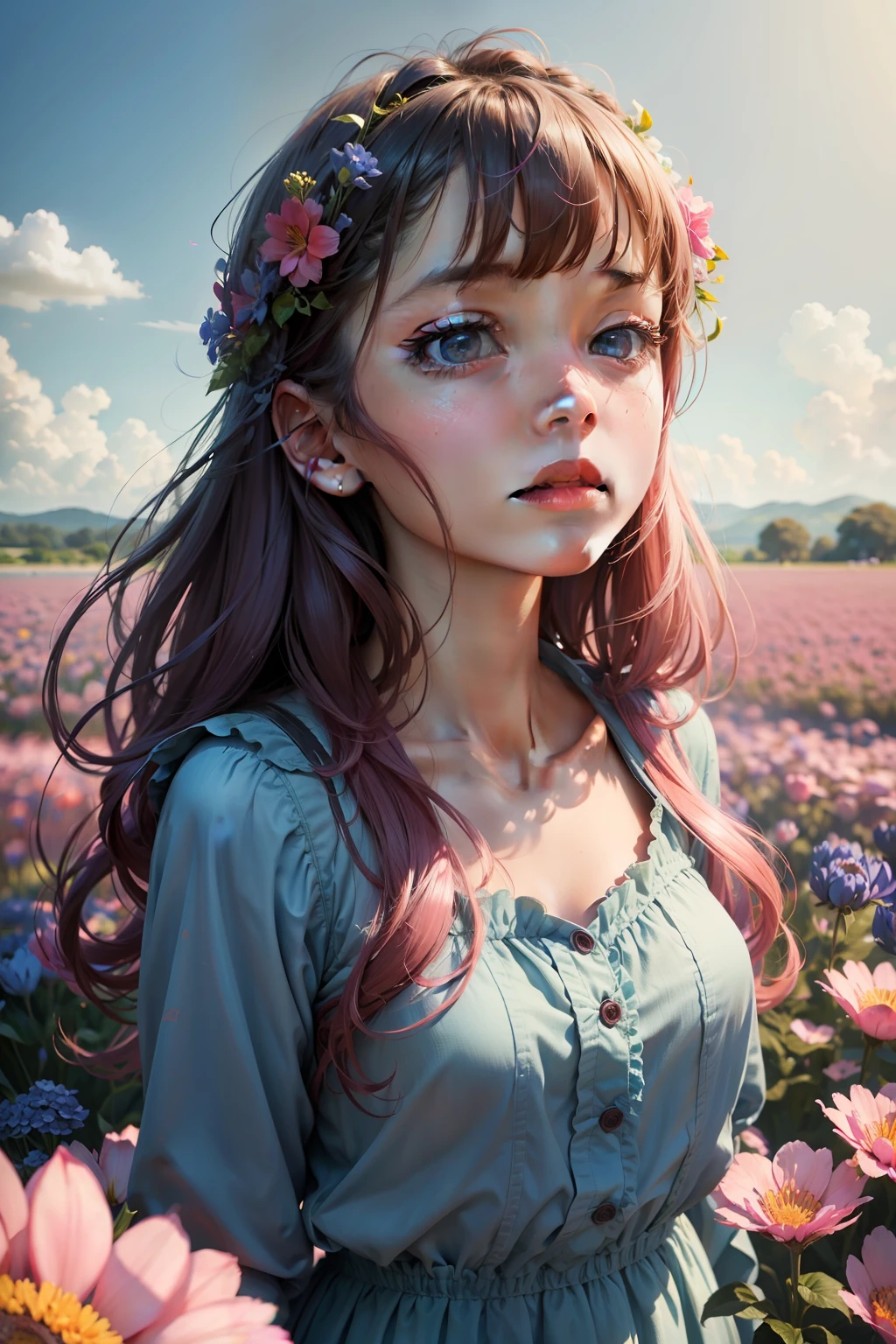 1girl, embeded in a sea of stunning flowers, blue pink sea of flowers, deep colors, depth of field, head looking up, realistic : 1.3