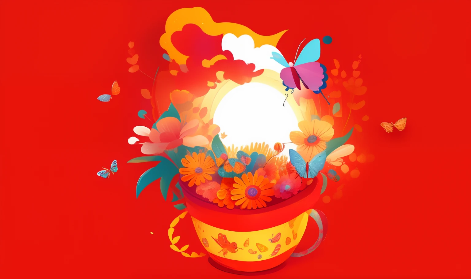 A colorful illustration of a bucket with lots of flowers and butterflies, A beautiful artwork illustration, Colorful illustration, hand painted cartoon art style, Official artwork, full-colour illustration, colorful concept art, Colorful illustrations, ornate with fiery explosions, colorful kids book illustration, Color vector illustration, Official illustration, vibrant cartoon art, bright happy atmosphere, concept illustartion, arte de fundo