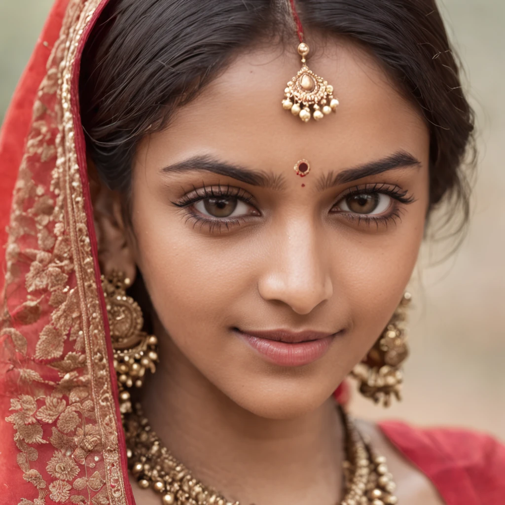 "1 young Indian woman with a cute and radiant face, featuring exquisitely detailed eyes, expressing a mix of shyness and joy, dressed in vibrant traditional Indian attire. She has a slim figure and medium-sized breasts. Generate an 8k image."