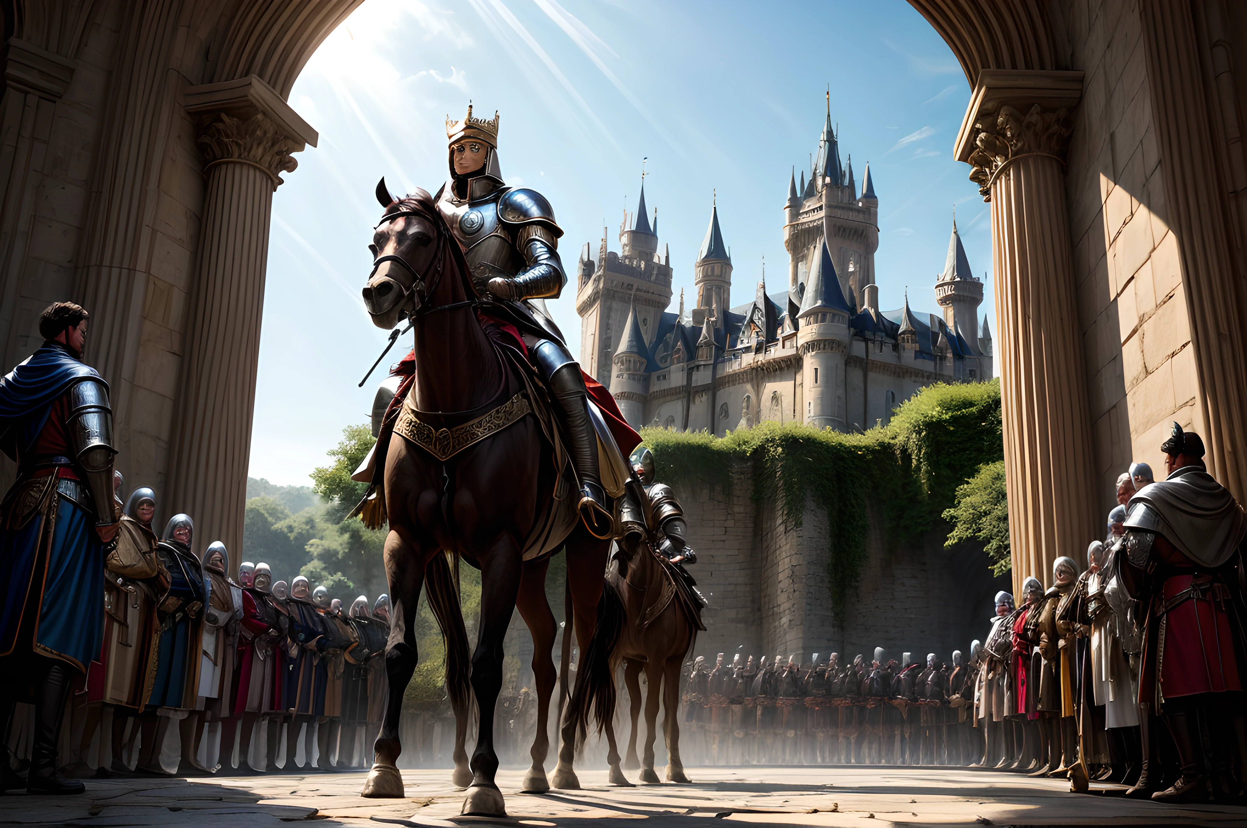 In the grand spectacle, Royal Knights (weight: 0.25) of the Round Table (weight: 0.25) converge at the majestic Camelot (weight: 0.25) in the presence of their noble King (weight: 0.25).The atmosphere is one of grandeur and honor (weight: 0.2), with the sprawling Camelot castle bathed in the soft golden light of dawn, casting long, regal shadows (weight: 0.2).The knights, bedecked in shining armor adorned with intricate engravings (weight: 0.2), bear the insignias of their individual prowess and loyalty (weight: 0.2). The armor gleams with a metallic sheen, reflecting the morning sun's rays (weight: 0.2).Their noble steeds, equally resplendent in richly adorned bridles and caparisons (weight: 0.2), stand at attention (weight: 0.2).King Arthur, seated at the head of the round table (weight: 0.2), is depicted with an air of wisdom and authority (weight: 0.2). His crown, adorned with precious jewels (weight: 0.2), symbolizes his sovereignty, while his kingly robe flows regally around him (weight: 0.2).The knights gather around him in a circular formation (weight: 0.2), their expressions a mix of reverence and camaraderie (weight: 0.2).The Camelot castle itself is a masterpiece of medieval architecture (weight: 0.2), with towering turrets, sturdy stone walls, and banners bearing the crest of the round table billowing in the breeze (weight: 0.2).The lush countryside surrounding the castle adds to the scene's beauty (weight: 0.2), with rolling green hills and a tranquil moat reflecting the castle's majesty (weight: 0.2).The atmosphere is charged with a sense of unity and purpose (weight: 0.2) as the knights prepare to embark on a noble quest or engage in discussions of great import (weight: 0.2). The air carries the scent of freshly bloomed flowers (weight: 0.2), enhancing the idyllic setting (weight: 0.2).Style-wise, this artwork blends historical accuracy with a touch of fantasy (weight: 0.2), capturing both the grandeur of Arthurian legend (weight: 0.2) and enchantment