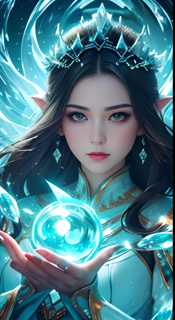 tmasterpiece，top-quality，optimum，offcial art，Beautiful and aesthetic，Long exposure：1.2），Smooth movement，Charming Patterns， 1 rapariga，Adult Russian woman，jade Eyes，Black lob hair， sportrait，独奏，The upper part of the body，lying on water，looking at the observer，detailedbackground，Detailed face，(crystallineAI, crystalline theme:1.1)，Elemental Water Elves，Swirl water，Control the water，Fantasy magician's clothes，dynamicposes，particles floating，Ethereal power，Eau，vaporous，the ocean in the background