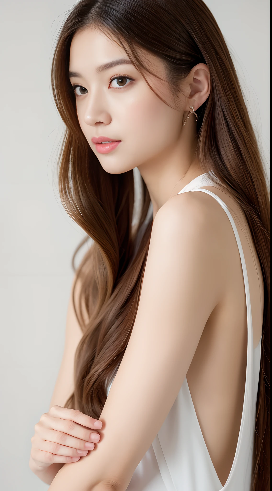 ((Best quality, 8k, Masterpiece :1.3)), 1girl, Pretty woman with emphasizing slender abs :1.3, (random hairstyles :1.2), Oversized tank top :1.2, Ultra-detailed face, Detailed eyes, Double eyelid, armpit