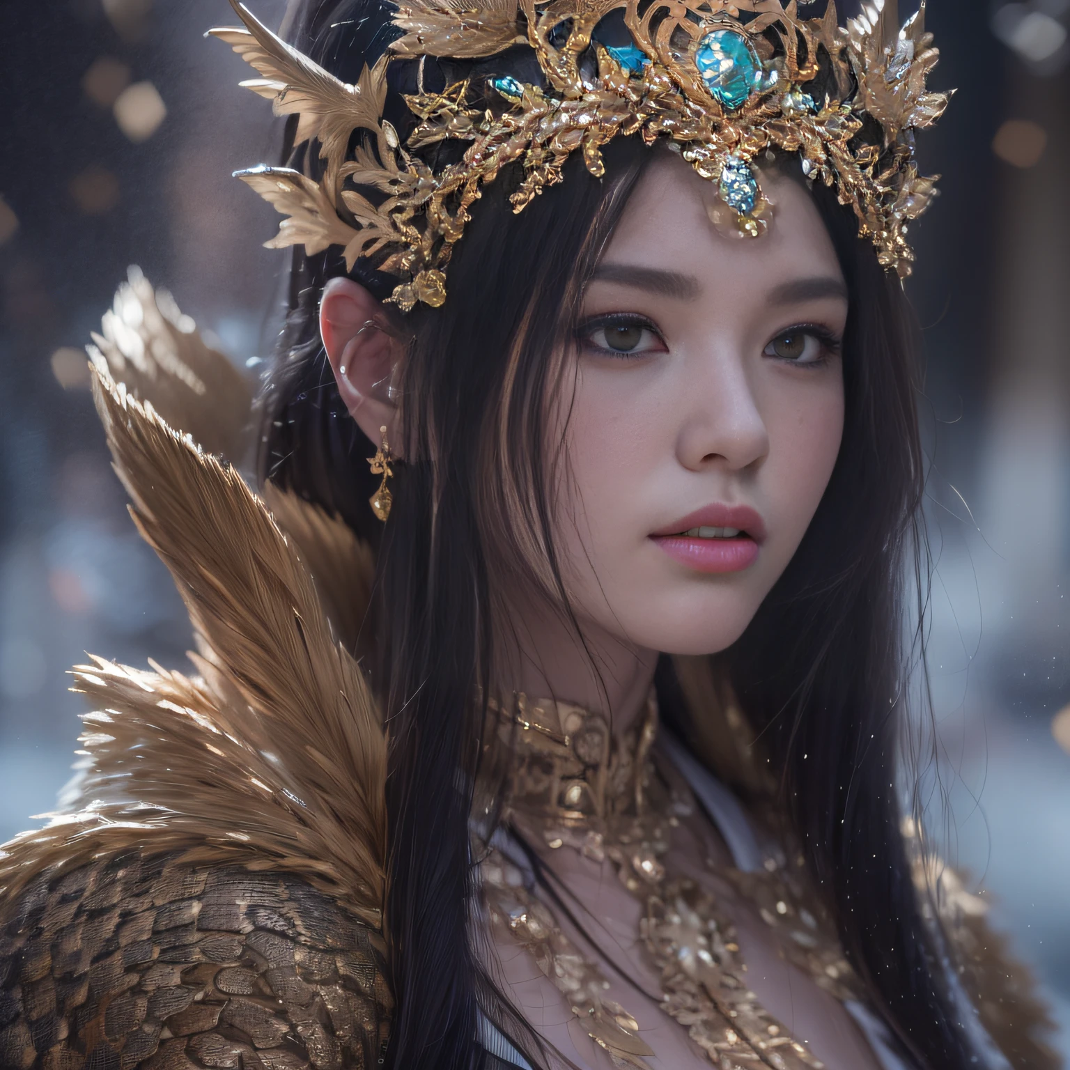 16k(tmasterpiece,k hd,hyper HD,16k)short detailed hair,Gold jewelry area in the back room,Smoke ring girl ,Bronze Dragon Protector (realisticlying:1.4),Python pattern robe,Purple-pink tiara,Snowflakes fluttering,The background is pure,Hold your head high,Be proud,The nostrils look at people, A high resolution, the detail, RAW photogr, Sharp Re, Nikon D850 Film Stock Photo by Jefferies Lee 4 Kodak Portra 400 Camera F1.6 shots, Rich colors, ultra-realistic vivid textures, Dramatic lighting, Unreal Engine Art Station Trend, cinestir 800,Hold your head high,Be proud,The nostrils look at people