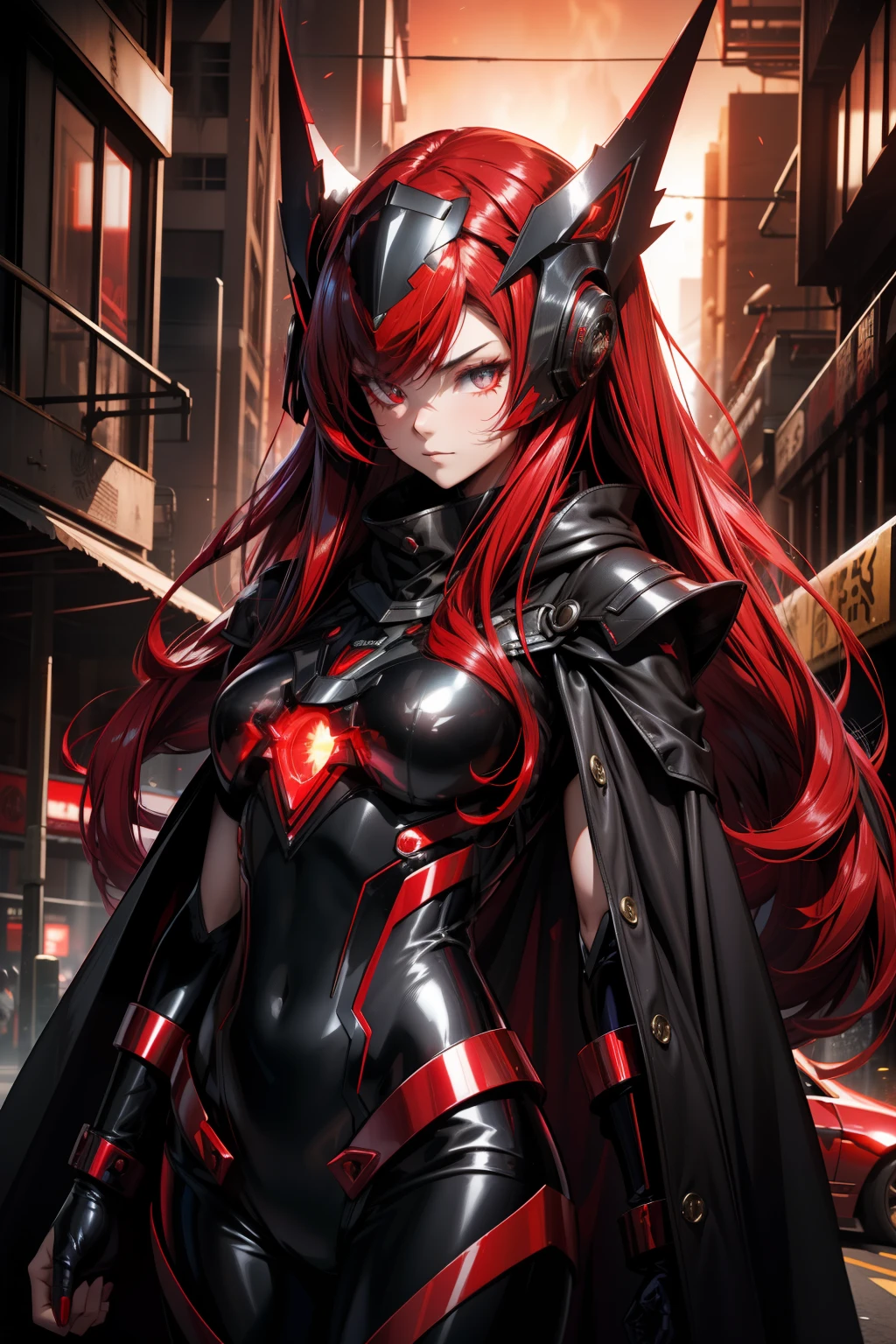 Dark Cyberpunk City、black long cloak、Wearing a red and silver metallic bodysuit、 old pretty girl, Very long hair, Red hair, small tits、masutepiece, Hyper realistic, 8K, Bokeh, Wear a metal helmet、Fire Luminescent, Each part of the body glows red、