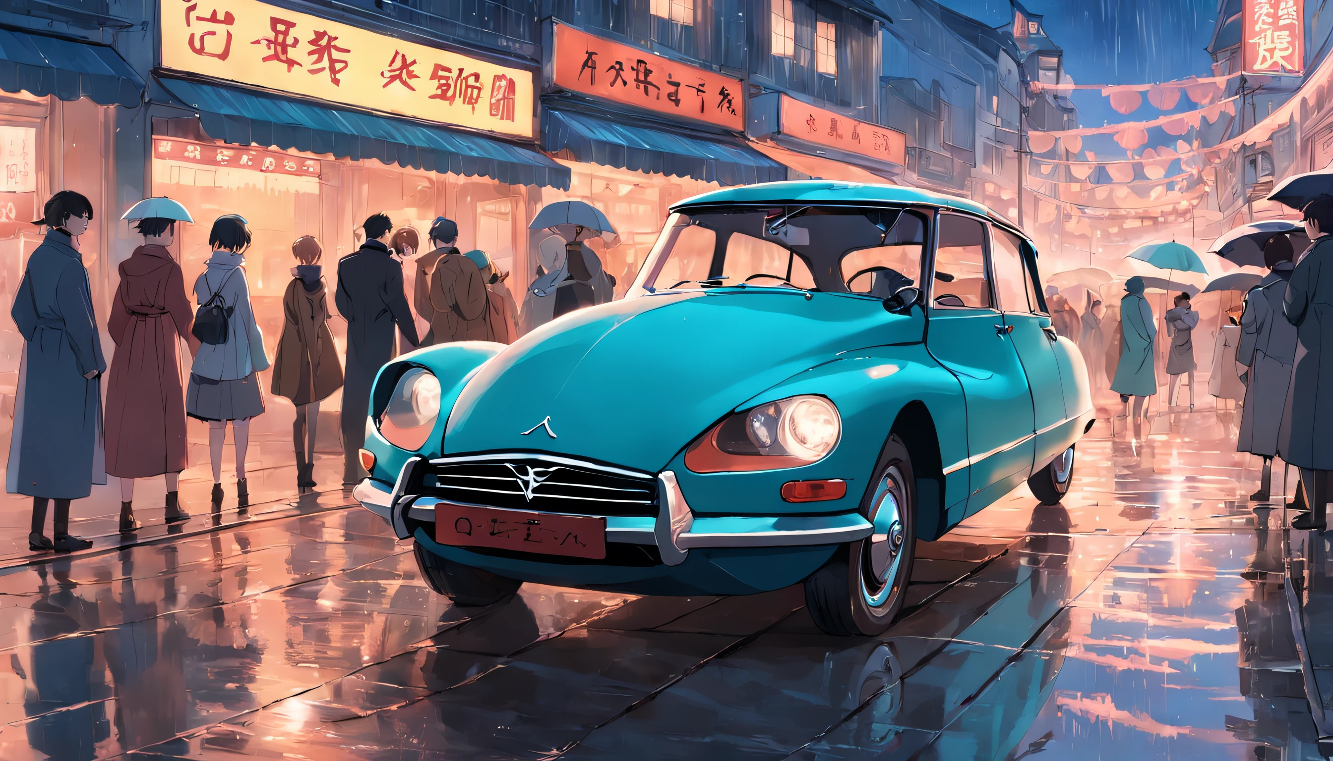 The Citroen DS is parked on the rainy seaside、Men and women are dancing violently in front of them
