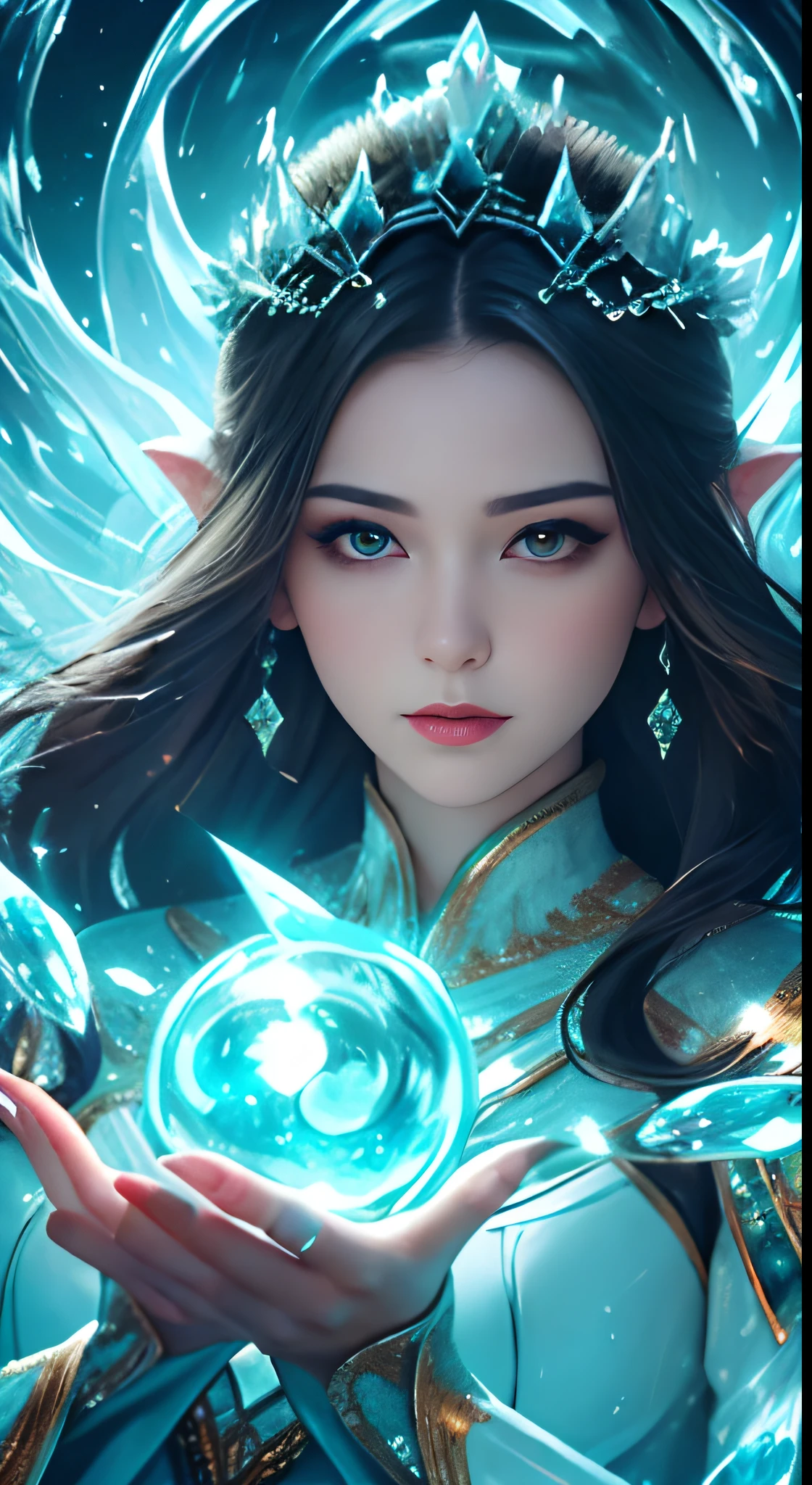 tmasterpiece,top-quality,optimum,offcial art,Beautiful and aesthetic,Long exposure:1.2),Smooth movement,Charming Patterns, 1 rapariga,Adult Russian woman,jade Eyes,Black lob hair, sportrait,独奏,The upper part of the body,lying on water,looking at the observer,detailedbackground,Detailed face,(crystallineAI, crystalline theme:1.1),Elemental Water Elves,Swirl water,Control the water,Fantasy magician's clothes,dynamicposes,particles floating,Ethereal power,Eau,vaporous,the ocean in the background