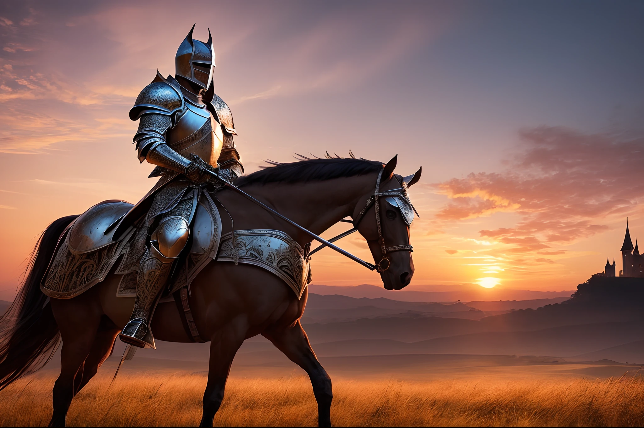 A majestic and powerful "Royal Knight" standing tall and proud, adorned in glittering armor embellished with intricate designs. The knight holds a magnificent sword, reflecting light with every move. Surrounding the knight is a majestic castle, standing against the backdrop of a stunning sunset. Capture the essence of strength, courage and nobility in this stunning image.