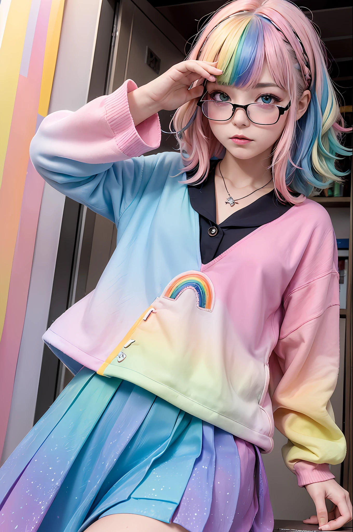(masterpiece, highest quality, highest quality, watercolor art (pendant), official art, beautiful and aesthetic, (1.2), (1 girl: 1.3), (fractal art: 1.3), full body, star-shaped pupil, , pattern, ((iridescent hair, colorful hair, half blue and half pink hair: 1.2)), (school uniform), colorful, glasses, writing, heterochromia, (colorful: 1.5), ((rainbow sky)), sun, (embarrassed face)