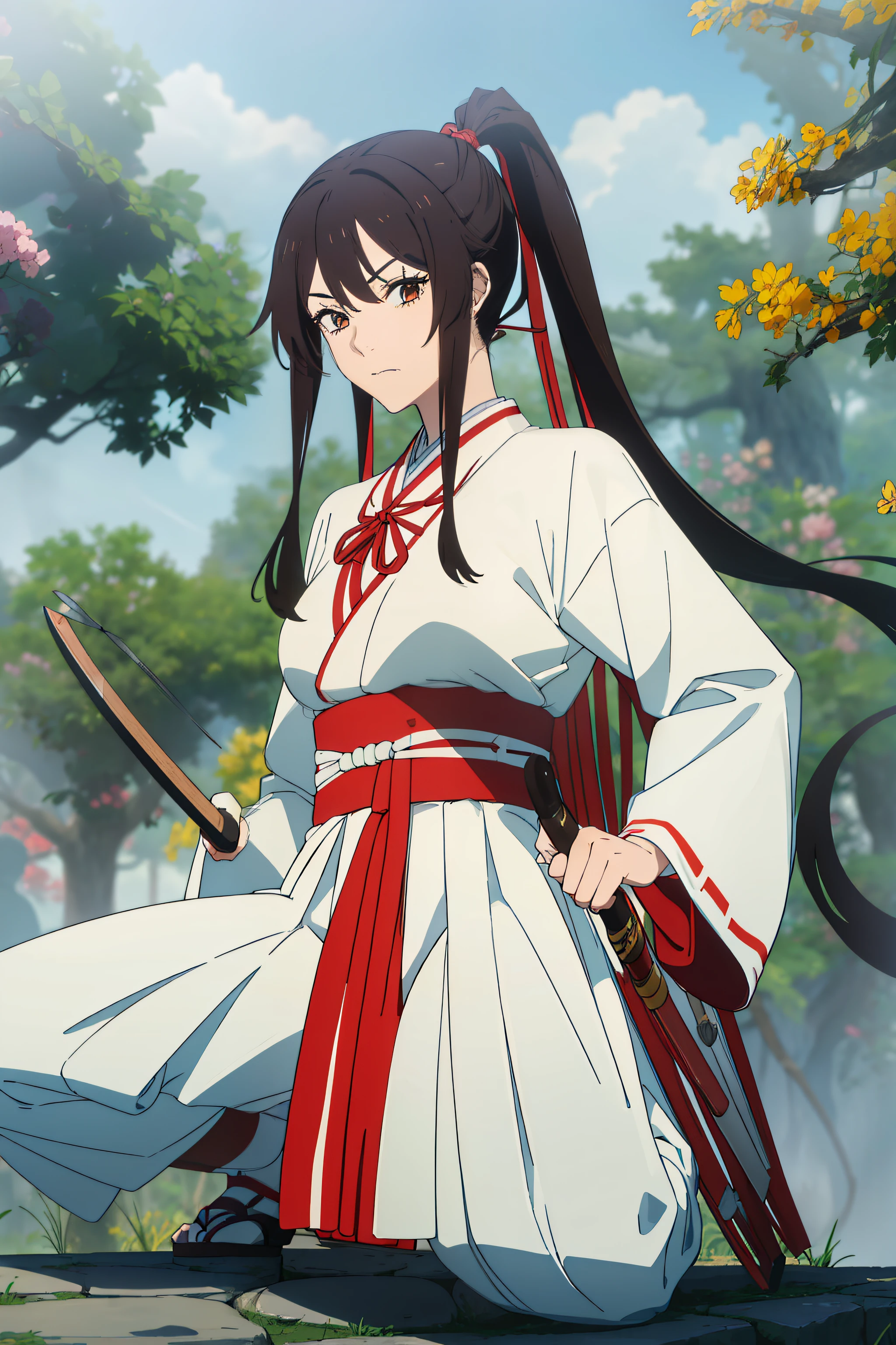 (​masterpiece), ((top-quality)), NSFW, asaemon_sagiri, 1girl, 独奏, long_hair, black_hair, poneyTail, brown-eyed, detaileds, arma, plein air, japanese_clothes, The sword, wide_sleeves, kimono, holding_weapon, The tree, obi, obi, knifes, scabbard, scabbard, naturey, PM, hight resolution,look at viewer