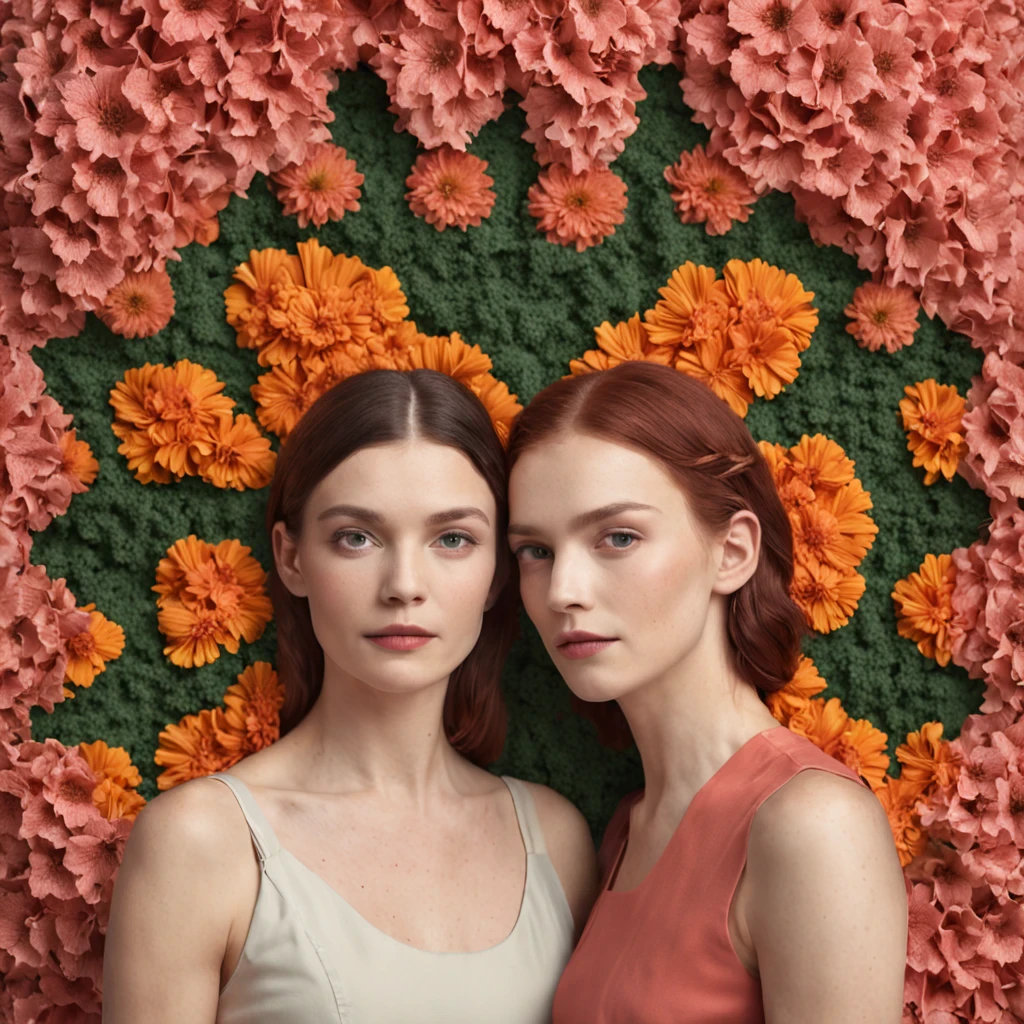 A surrealistic portrait of two people standing side by side, each piece of the jigsaw puzzle made of vibrant flowers in the style of Frieke Janssens, the winner of the Behance contest.