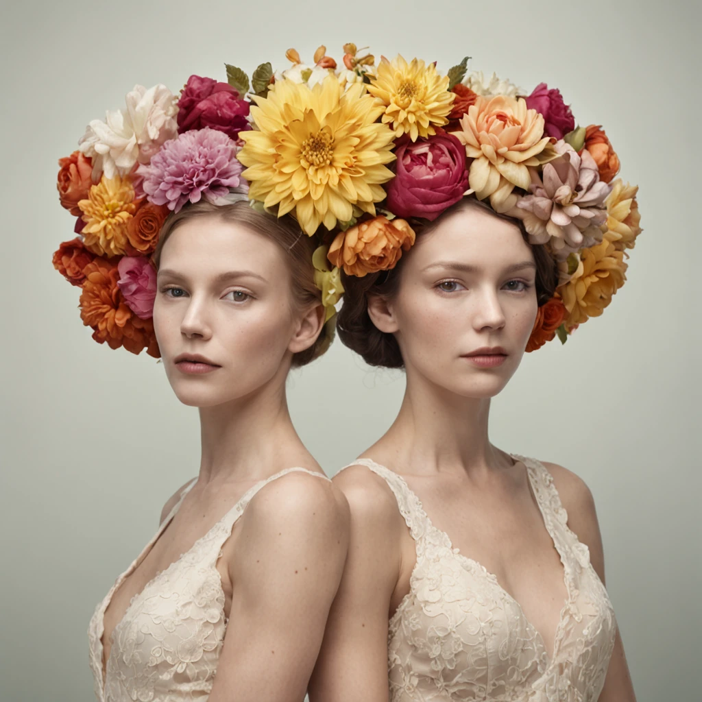 A surrealistic portrait of two people standing side by side, each piece of the jigsaw puzzle made of vibrant flowers in the style of Frieke Janssens, the winner of the Behance contest.