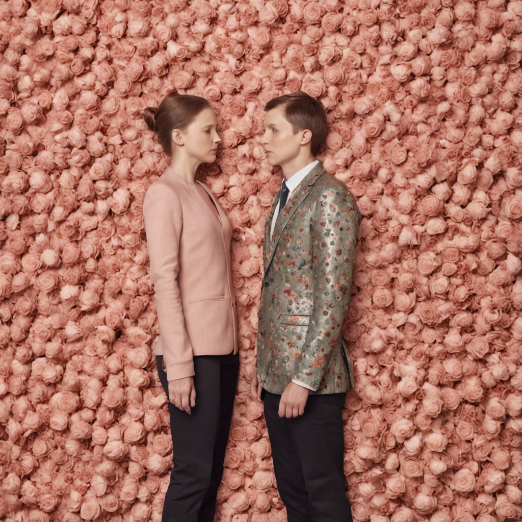 A surrealistic portrait of two people standing side by side, each piece of the jigsaw puzzle made of vibrant flowers in the style of Frieke Janssens, the winner of the Behance contest.