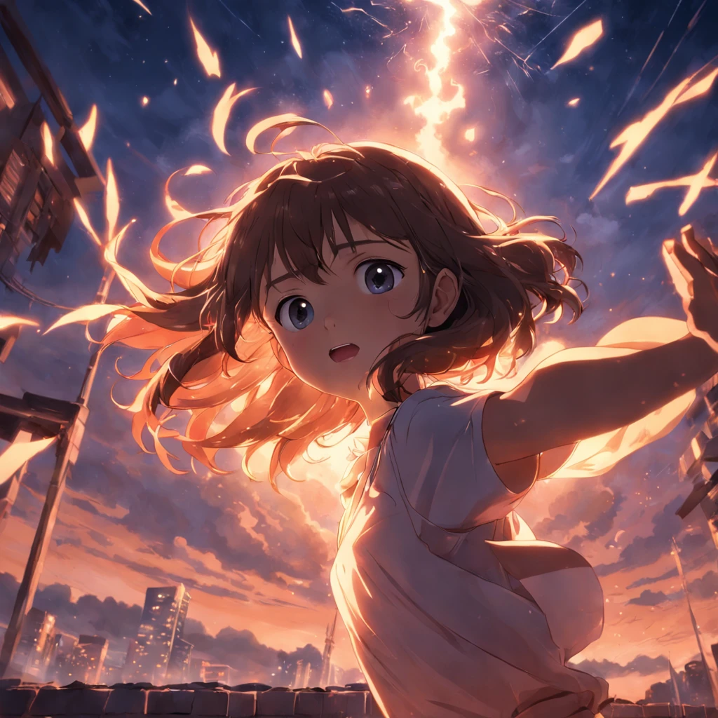 (((Calledos))) obra-prima, melhor qualidade, filme ainda, 1girl, garota nuvem, floating into the sky, close-up, brilhante, feliz, Soft lighting and Warm, sun sunset, (Sparks: 0,7)