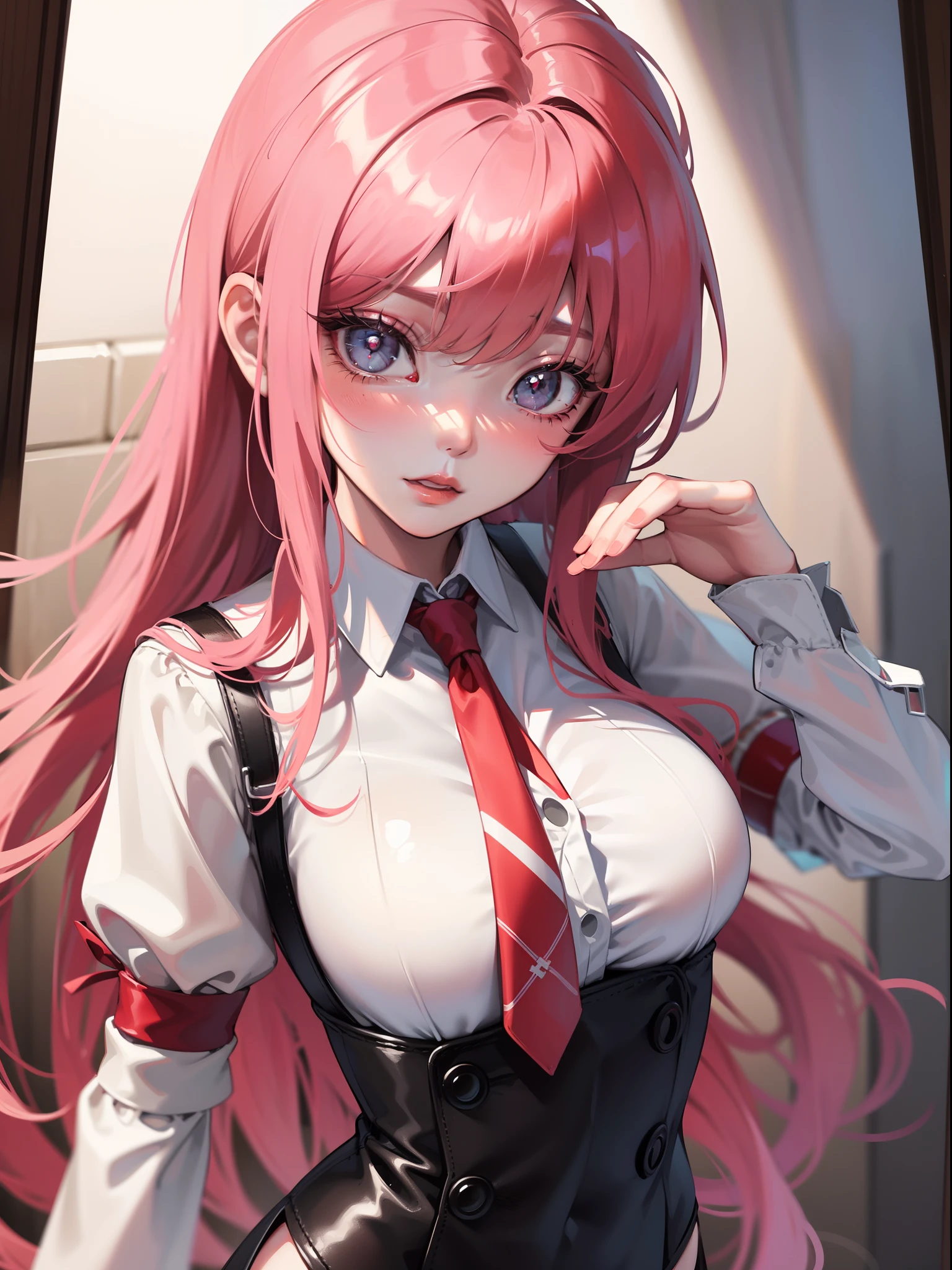 tmasterpiece、Need、1 female student、White cloth bun bun bun、Shoulder leakage、The chest is large、chubbiness、ssmile、White suspender tights、lace leggings、pale pink lip、posing at school,(drenched all over the body),legs are open, 独奏, White polo shirt, looking at viewert, (Thigh thick:1.0),Yazawa Nico,red eyes, face flushed,Blunt hair,both hands on hip,greet,Flower headdress,Large scissors