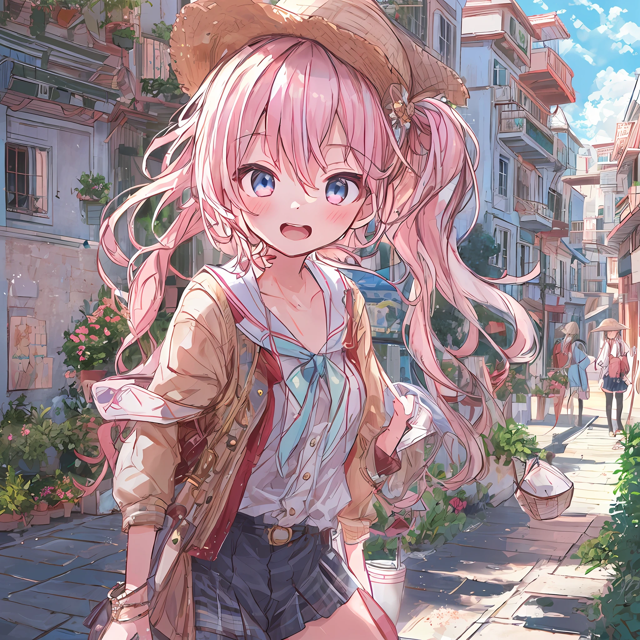 absurderes, hight resolution, (Anime style:1.1), ((masutepiece)), ((Best Quality)), (Ultra-detailed), (Beautiful), 独奏, Beautiful face, (Cowgirl Shot:1.2)、(liftup),Cute girl standing on the street in Mediterranean port city,Wind,Light pink hair, Blue eyes,Very Long Ponytail,student clothes,Blue sky,Laugh,double tooth,Closed eyes,Looking at Viewer,Lens Flare,Dramatic, Coastal、red eyes
