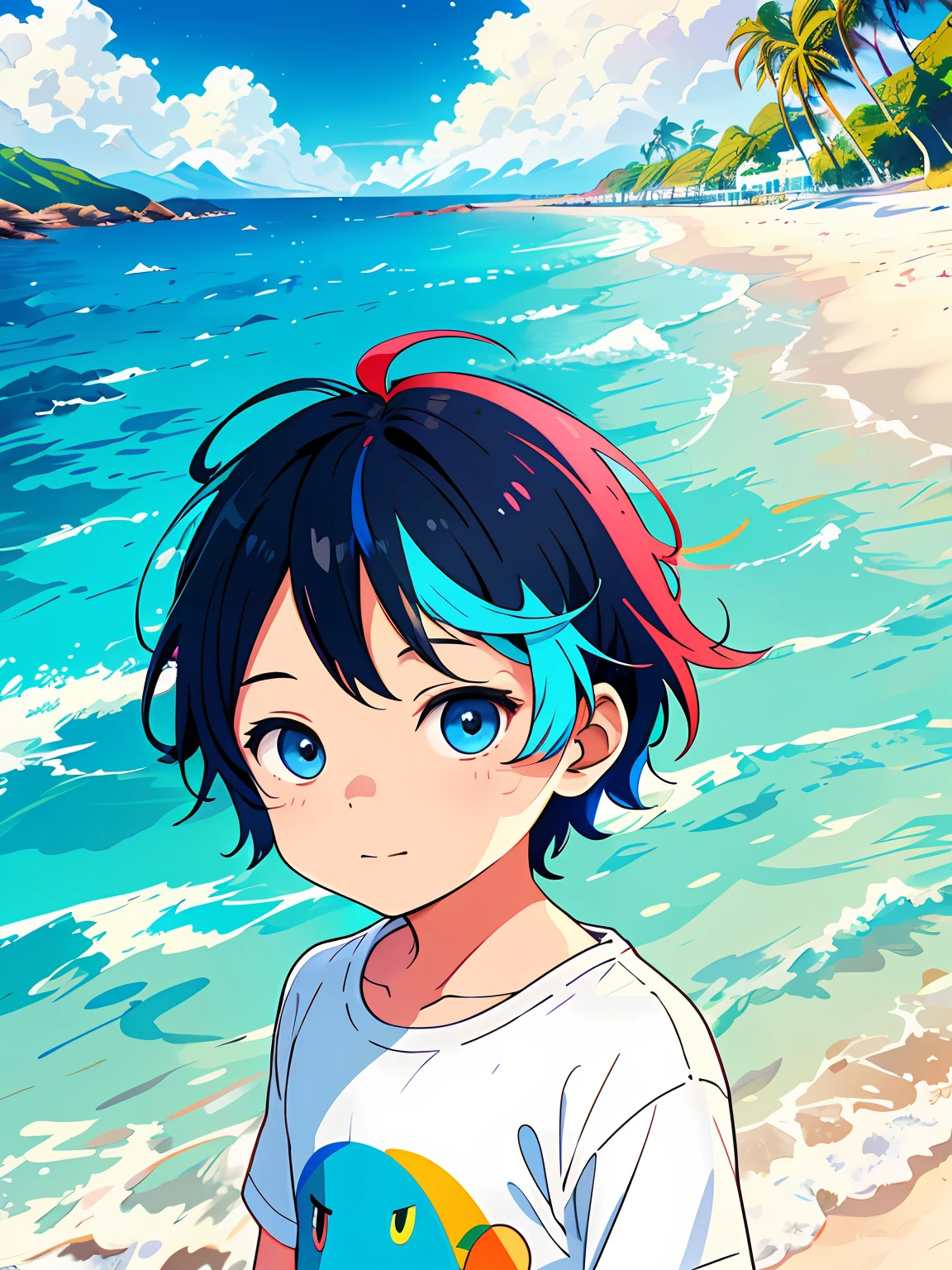 Making of Illustration Poster, Flat illustration, Colorful, Highly saturated, Contour light, warm and bright, Colorful, HD 8K, colored light particles, Heterochromatic, Male child, Upper body, Clear face, By the sea, Blue sky, white clouds, (Color: 1.5) , --v6