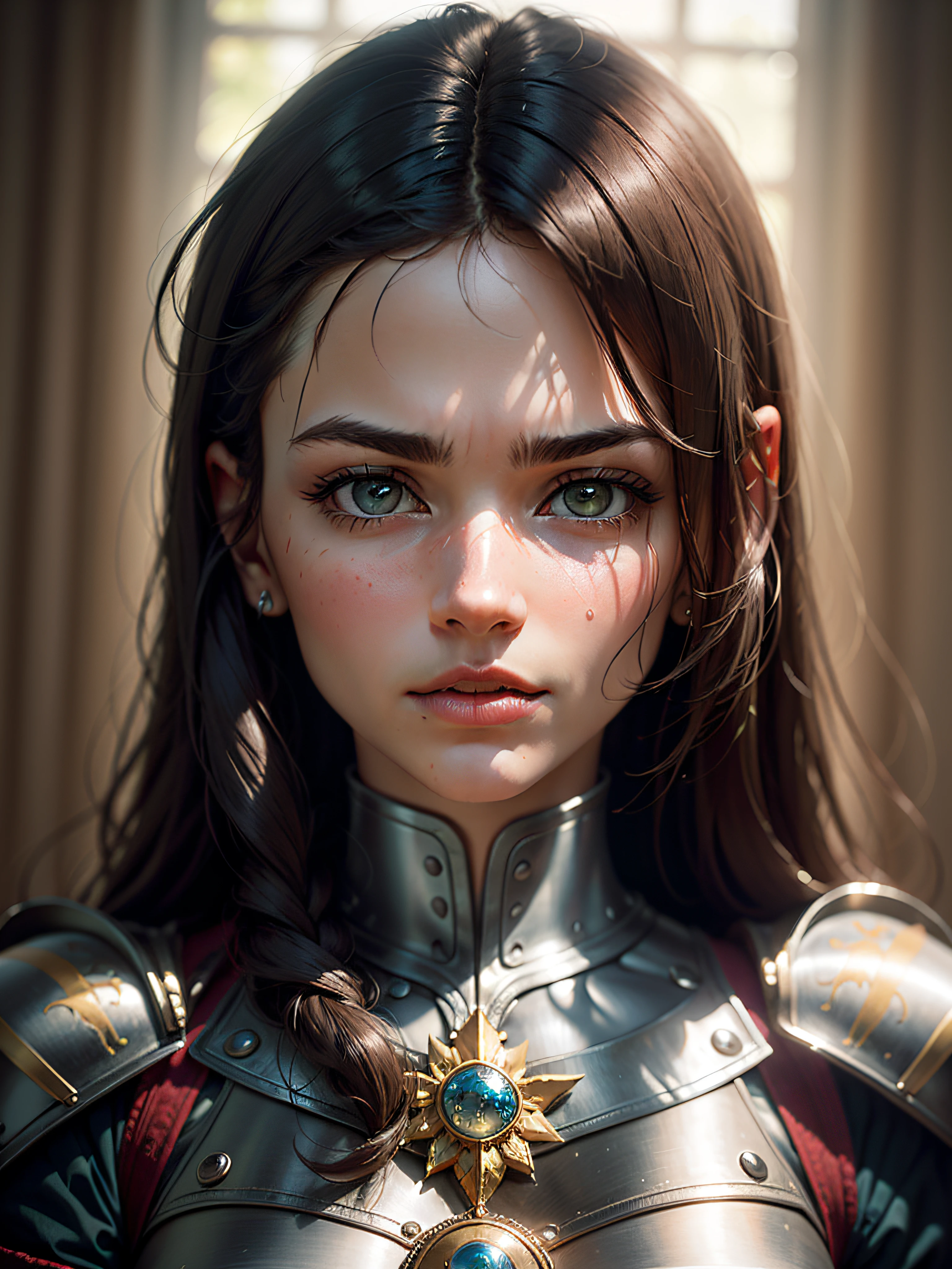 A cinematic close-up of the royal knight girl's face, highlighting her determination and bravery. Shot with a Sony Alpha a7R IV mirrorless camera and a Sony FE 85mm f/1.4 GM lens. The image should focus on the knight's intense gaze, capturing every detail of her piercing eyes. The lighting should be soft and diffused, creating a gentle glow on her face. The color palette should be warm and earthy, with hints of gold and bronze to complement the knight's armor. The composition should be tight, filling the frame with the knight's face, evoking a sense of intimacy. Hyper-realism, highly detailed, and high-resolution 16k
