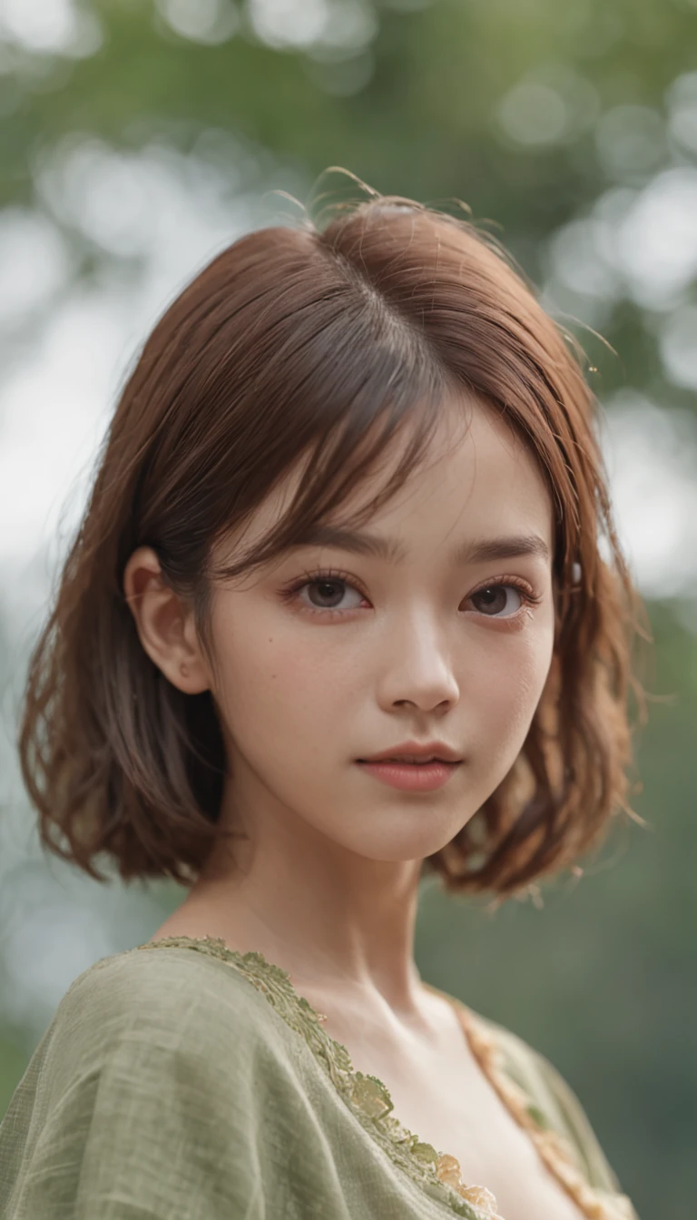 masterpiece、Cinematic portrait photography、octan render、8K、1girl in、、Calm、(Eye for realistic details、natural skin textures、Realistic face details)、Soft dramatic lighting、depth of fields、bokeh dof、vibrant detail、finely detail、Surreal、Hazy blur、filmg、femele、Brown hair、Brown eyes、Short bob hair、Wearing square-framed glasses、Seductive smile, Green Jersey、pleatedskirt、Yellow and green color scheme、dynamic compositions、fighting poses, underboob