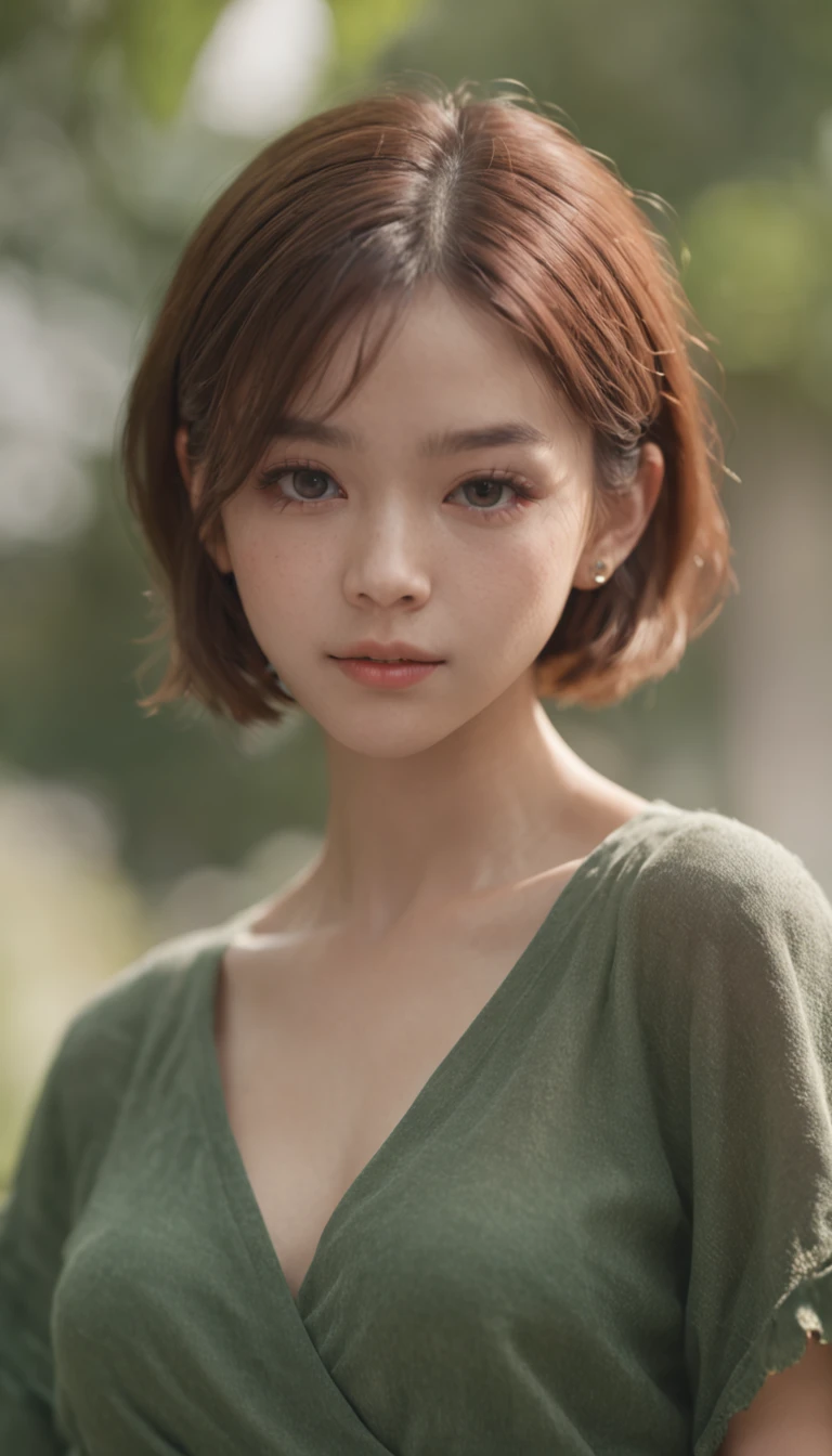 ​masterpiece、Cinematic portrait photography、octan render、8K、1girl in、sixteen years old、Calm、(Eye for realistic details、natural skin textures、Realistic face details)、Soft dramatic lighting、depth of fields、bokeh dof、vibrant detail、finely detail、Surreal、Hazy blur、filmg、femele、Brown hair、Brown eyes、Short bob hair、Wearing square-framed glasses、Seductive smile, Green Jersey、pleatedskirt、Yellow and green color scheme、dynamic compositions、fighting poses, underboob