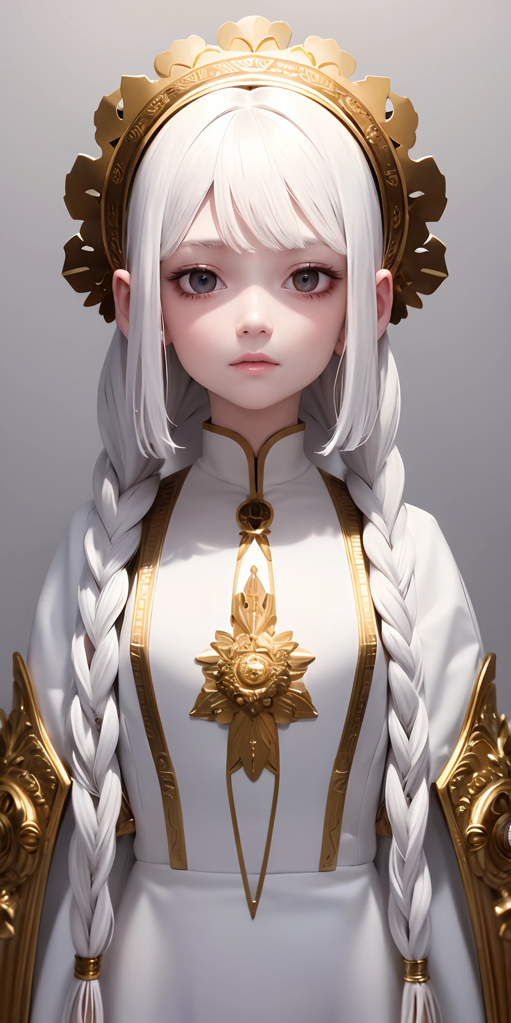 best quality, masterpiece,white hair, gold eyes,white clothes, looking up, upper body,hair strand,Fair skin,side braids