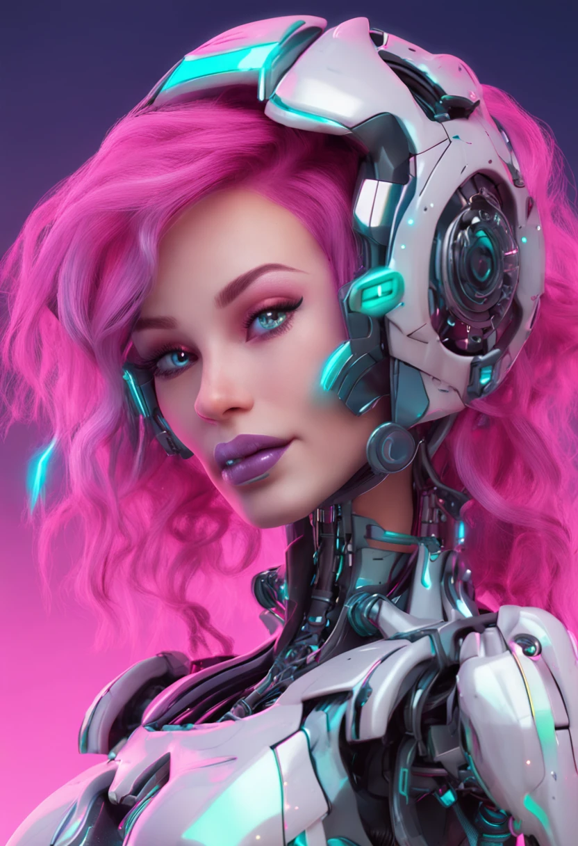 a robotic fantasy girl with robotic face, pink hair style, wearing a white t shirt, happy face and little smile with shining blue color lips, big green eyes, simple purple background, make it for NFT market