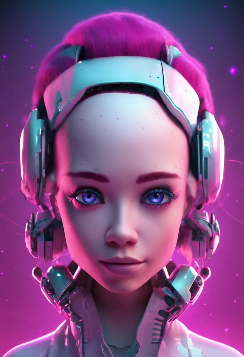 a robotic fantasy girl with robotic face, pink hair style, wearing a white t shirt, happy face and little smile with shining blue color lips, big green eyes, simple purple background, make it for NFT market
