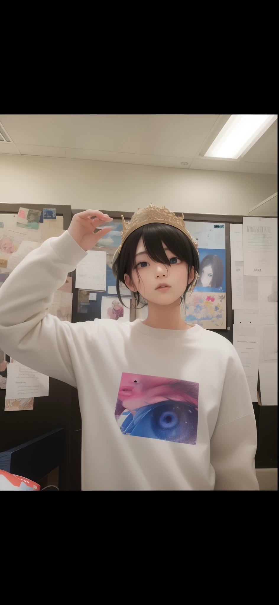 best quality, masterpiece,Black hair, blue eyes, looking up, upper body