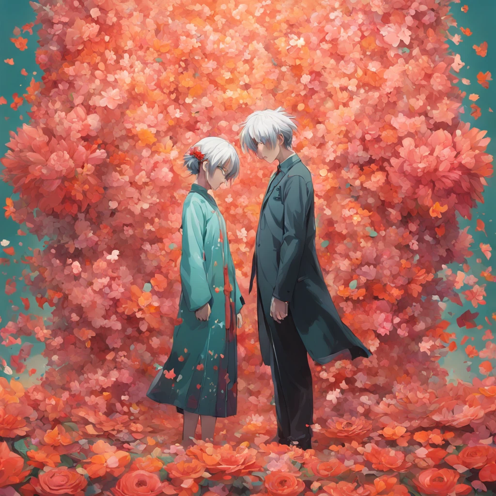 A surrealistic portrait of two people standing side by side, each piece of the jigsaw puzzle made of vibrant flowers in the style of Frieke Janssens, the winner of the Behance contest.