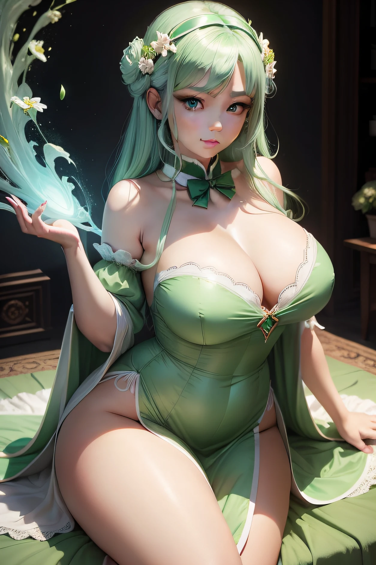 A beautiful face,Gentle posture,Plump Jade Female Peak,Feminine body,Light makeup,18yr old,schoolgirls,Light green hair,Blue eyes,Bright eyes,ssmile,Wearing a pale green fairy dress,full bodyesbian,Hands to hearts,The goddess of heaven descends