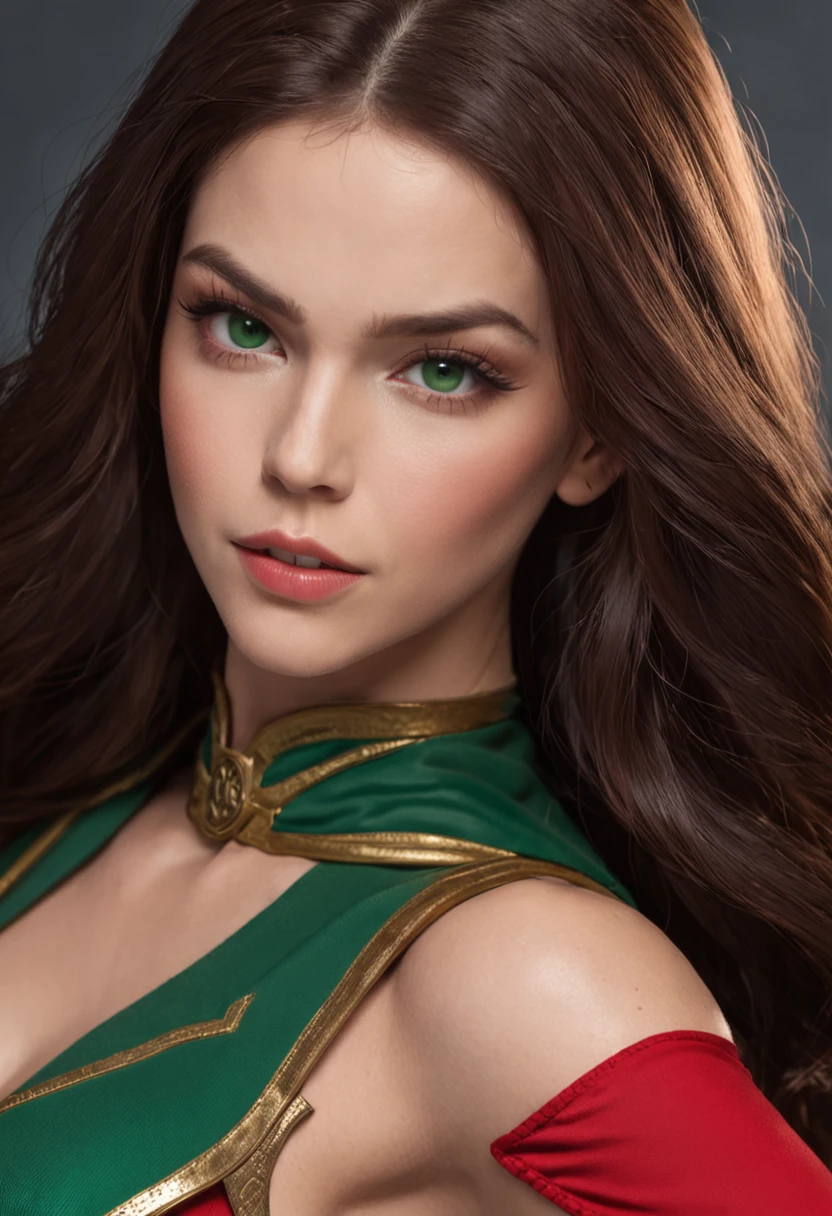 a sexy beautiful superheroine, has brown hair, green eyes, green leotard with a black outer rim, the leotard has an opening on the chest area,. Red cape, red belt with a golden medal in the center, wears high knee boots that are black on the top and green on the bottom portrait photography by artgerm, in the style of realism, glistening skin, natural lighting, Defined full lips. Muscular fitness feminine body