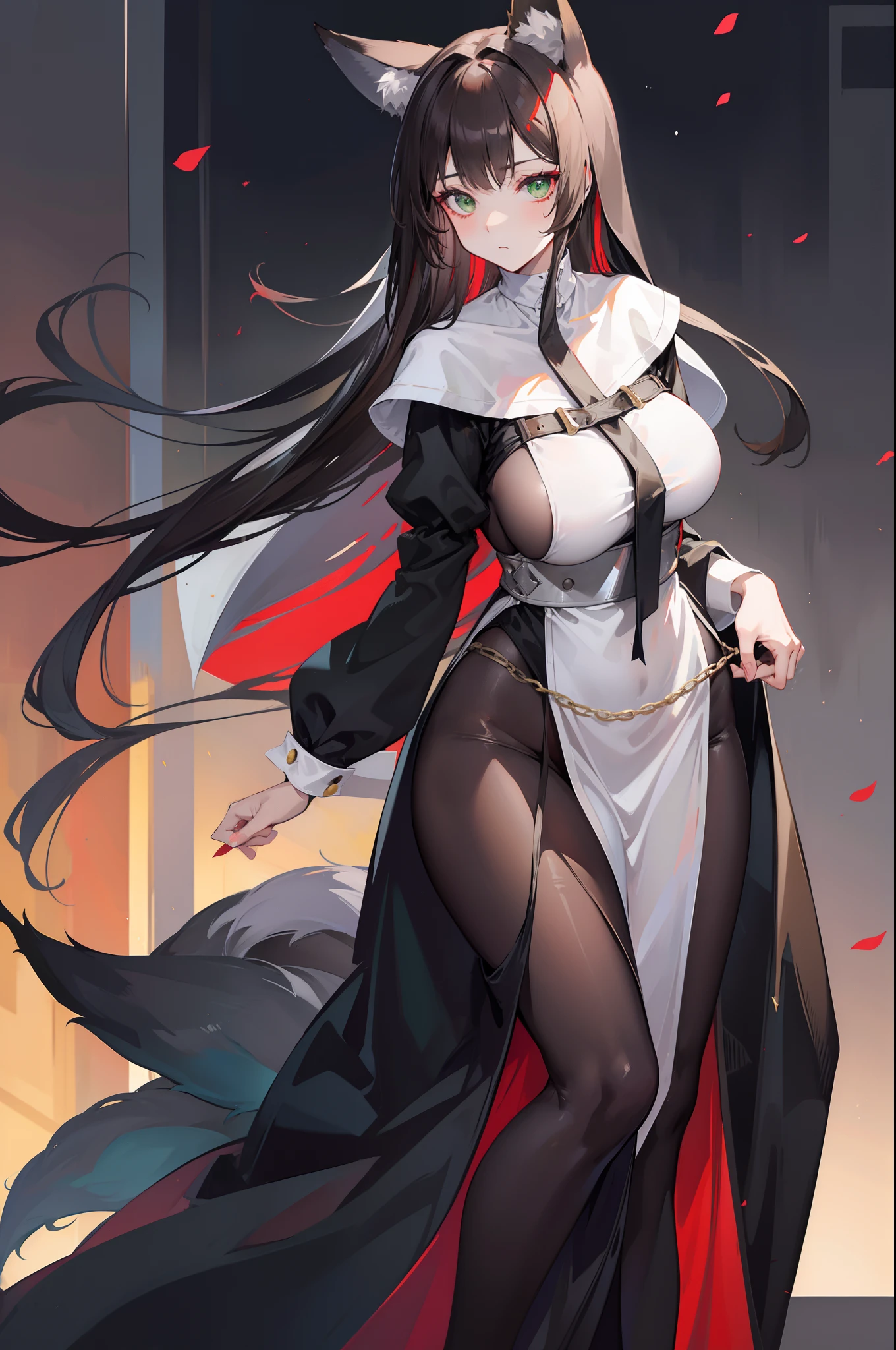 one woman, fox ears, fox tail, nun dress, dark brown hair, green eyes, big ass, medium breasts, nun habit, full body, mature lady, tall person, loincloth, sexy, red eyeshadow,